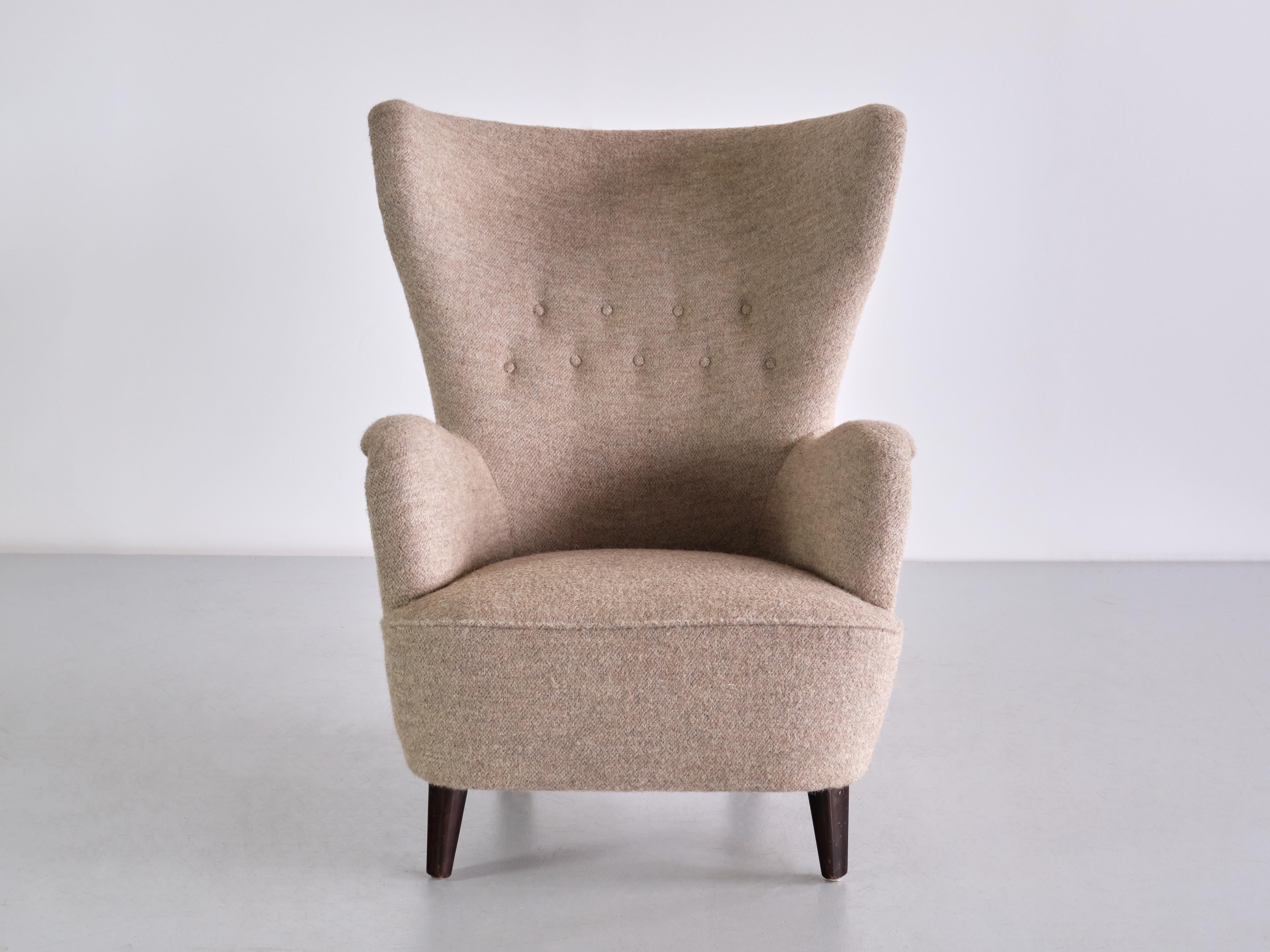 Scandinavian Modern Otto Schulz Wingback Chair in Pierre Frey Fabric and Beech, Boet, Sweden, 1940s