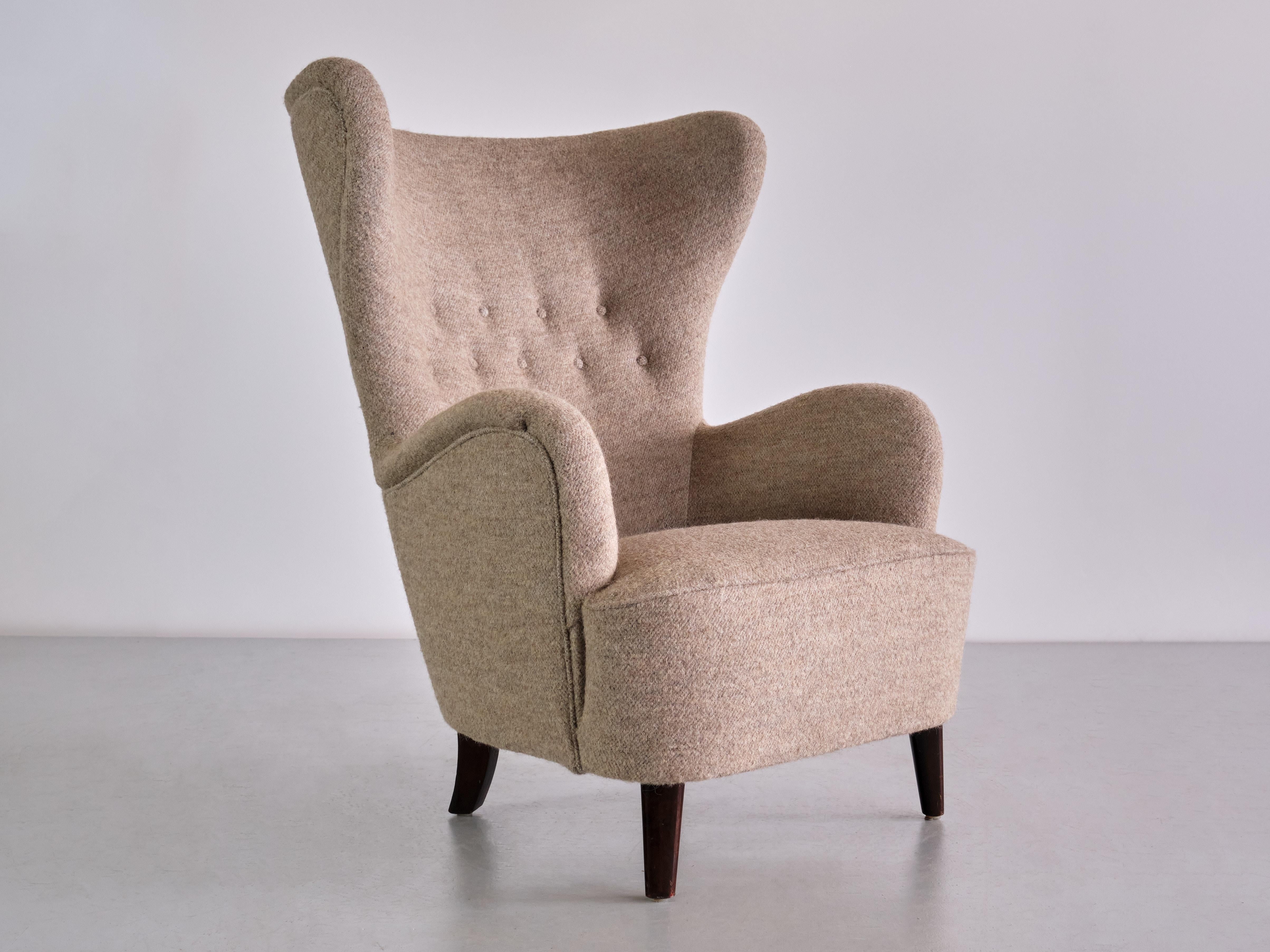 Swedish Otto Schulz Wingback Chair in Pierre Frey Fabric and Beech, Boet, Sweden, 1940s
