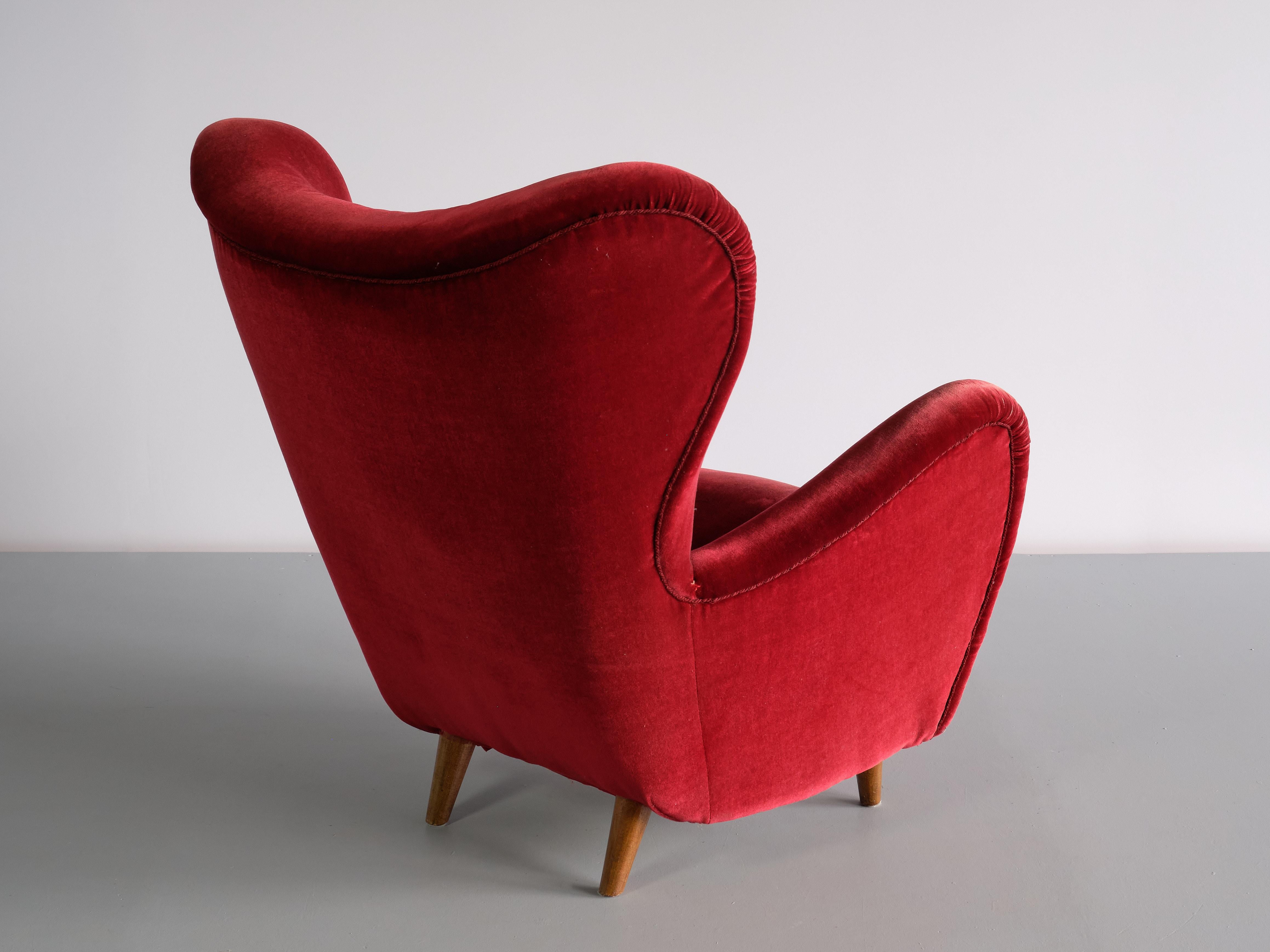 Fabric Otto Schulz Wingback Chair in Red Velvet and Beech, Boet, Sweden, 1946