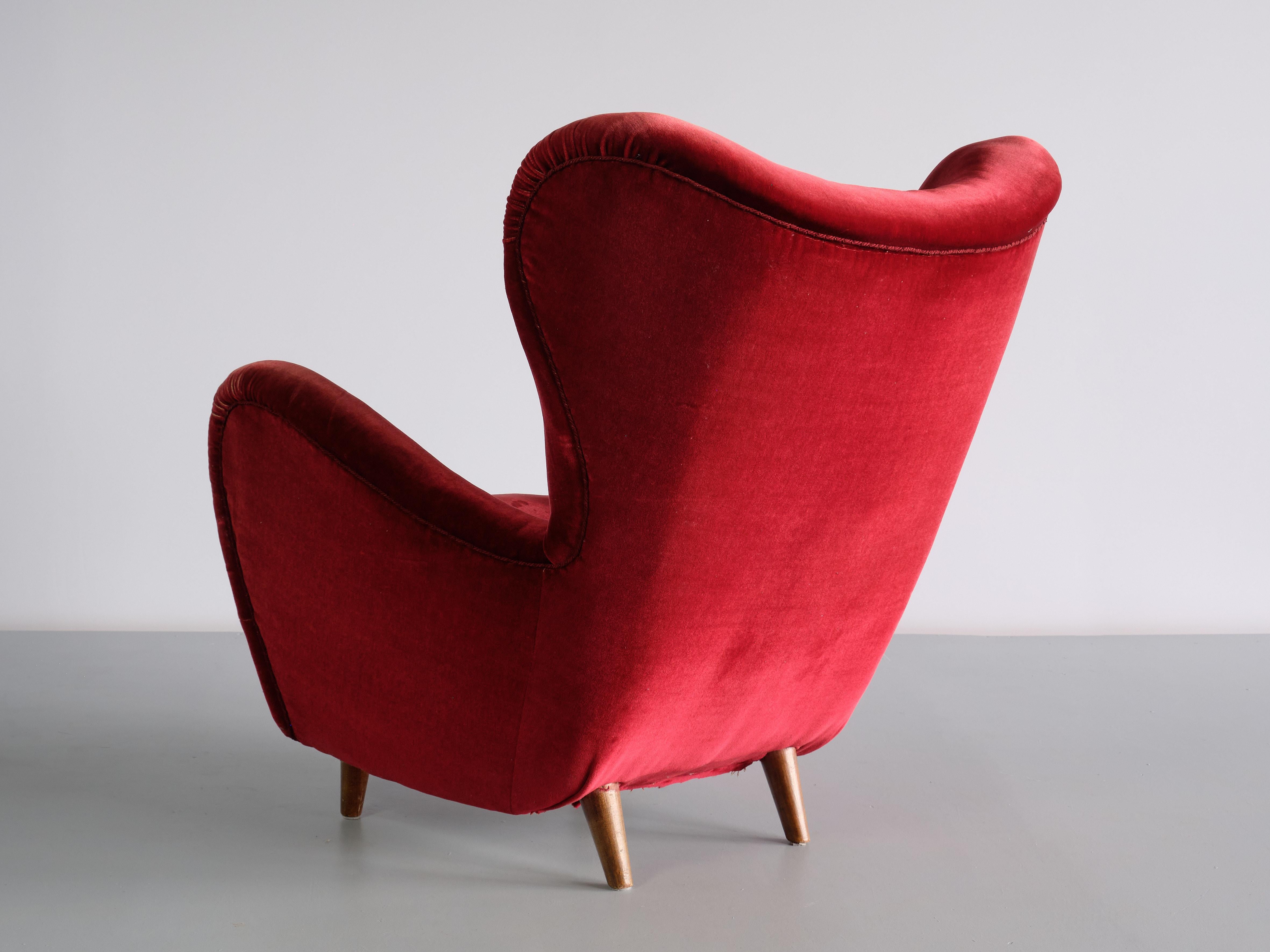 Otto Schulz Wingback Chair in Red Velvet and Beech, Boet, Sweden, 1946 1