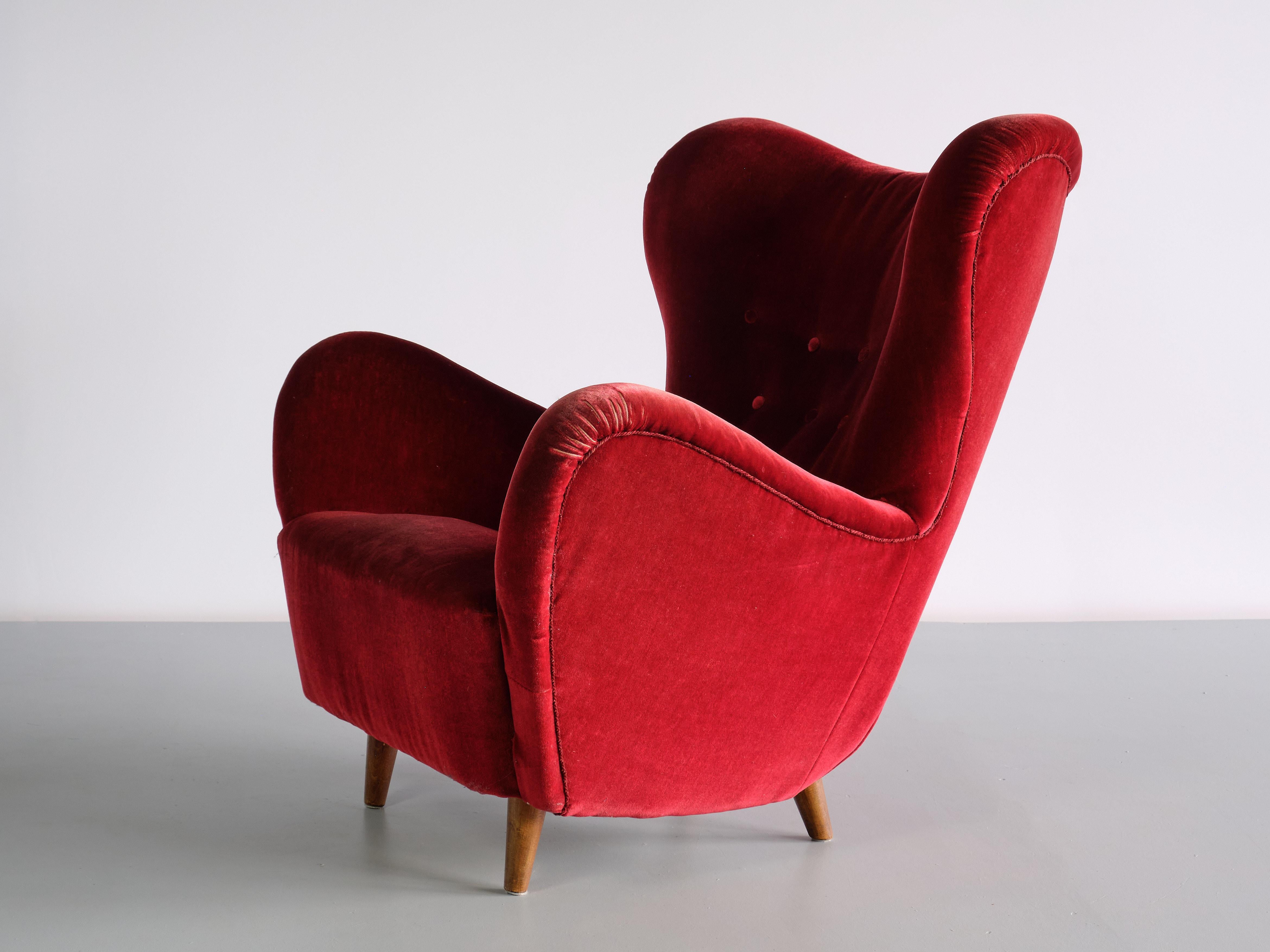 Otto Schulz Wingback Chair in Red Velvet and Beech, Boet, Sweden, 1946 2