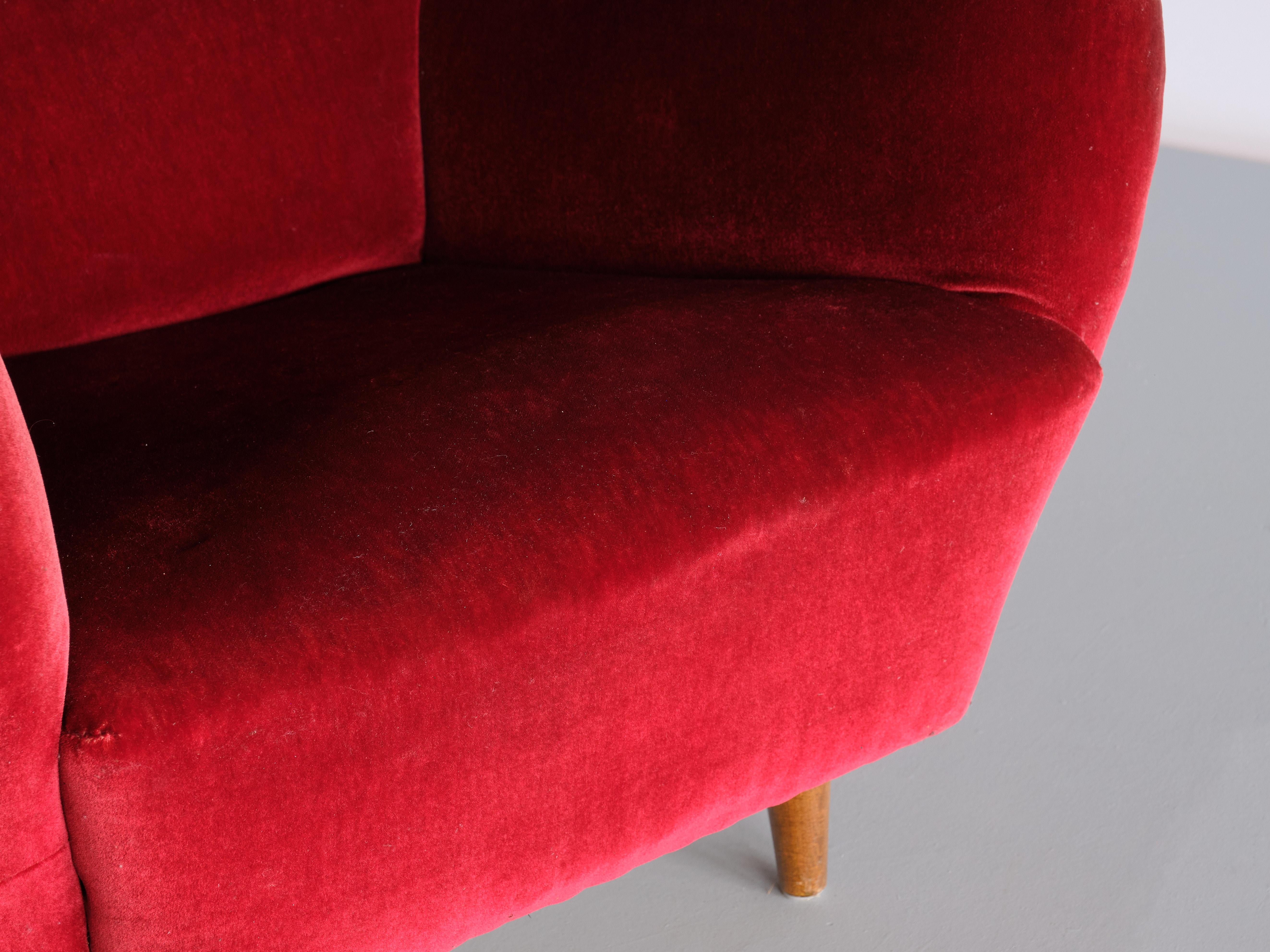 Swedish Otto Schulz Wingback Chair in Red Velvet and Beech, Boet, Sweden, 1946