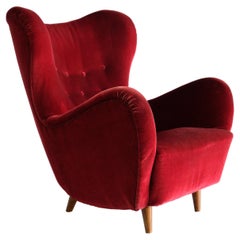 Otto Schulz Wingback Chair in Red Velvet and Beech, Boet, Sweden, 1946