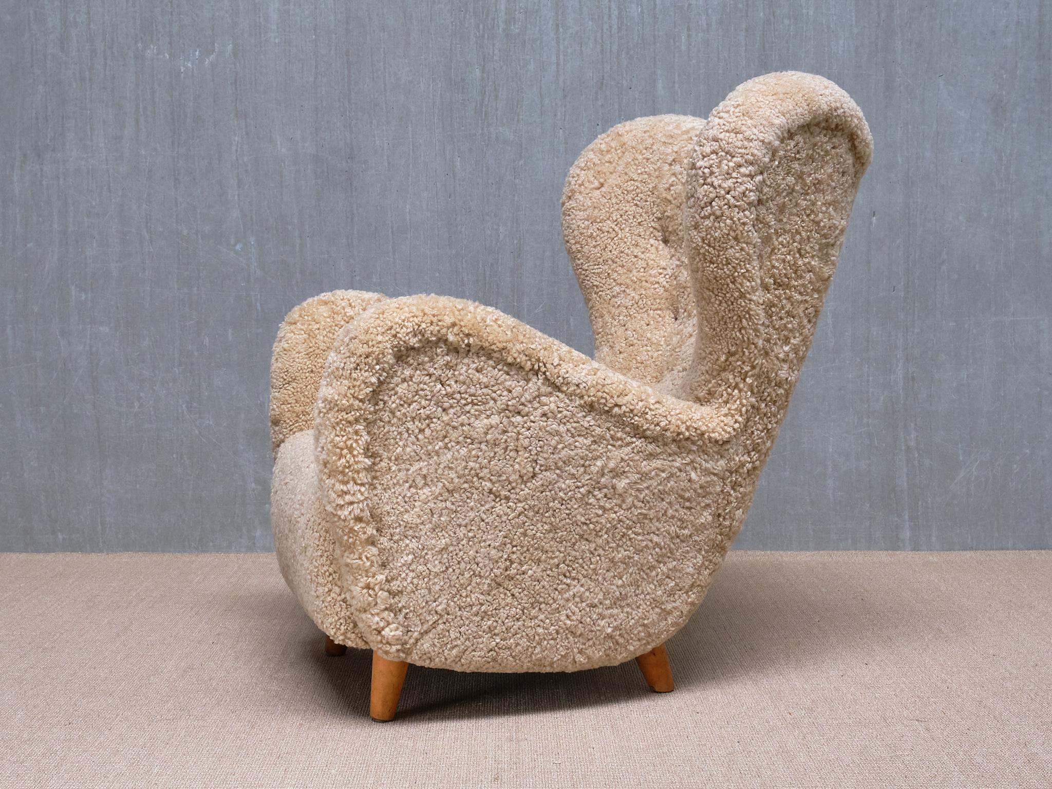 Otto Schulz Wingback Chair in Sheepskin and Birch, BOET, Sweden, 1946 For Sale 5