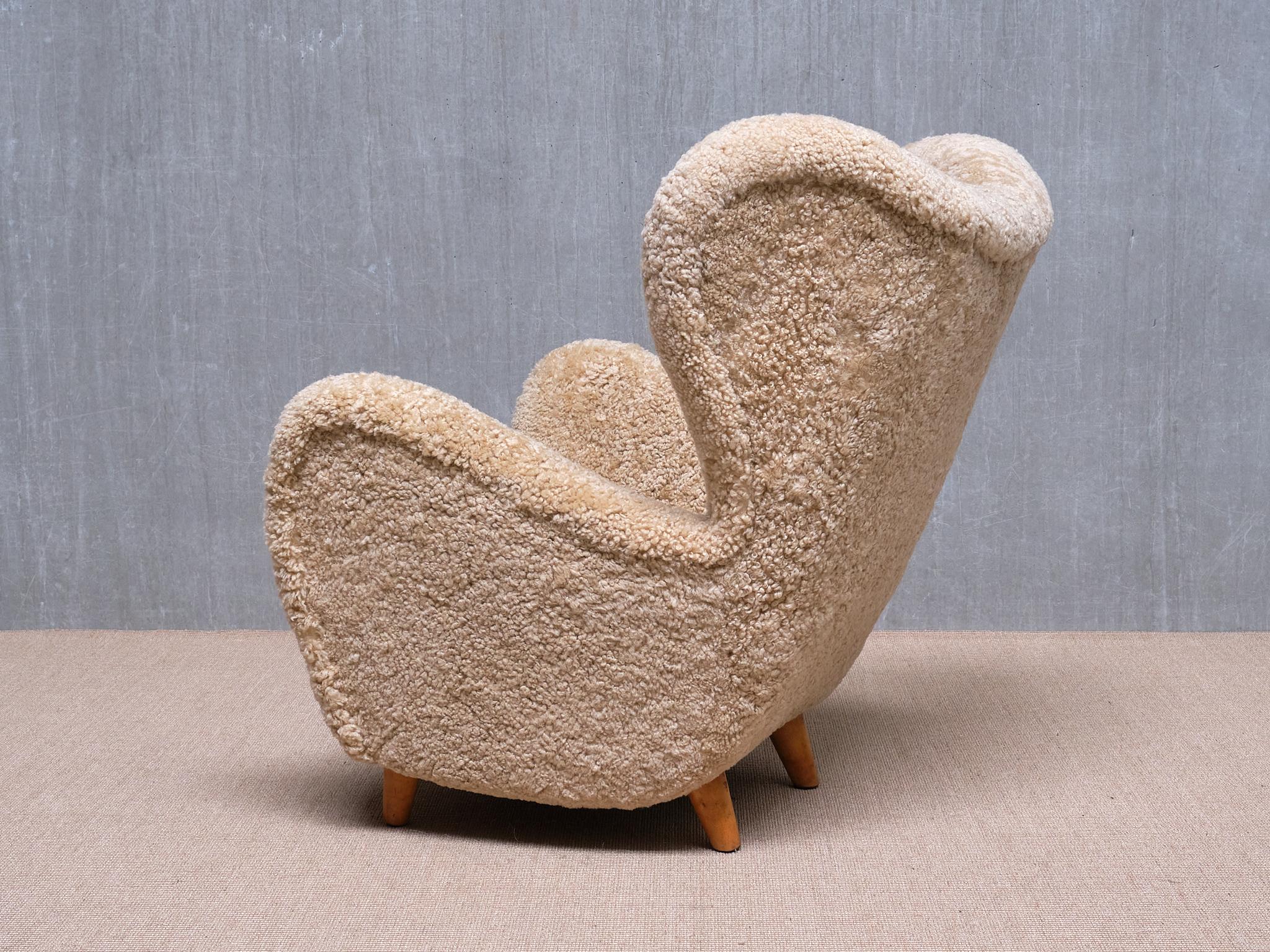 Otto Schulz Wingback Chair in Sheepskin and Birch, BOET, Sweden, 1946 For Sale 6