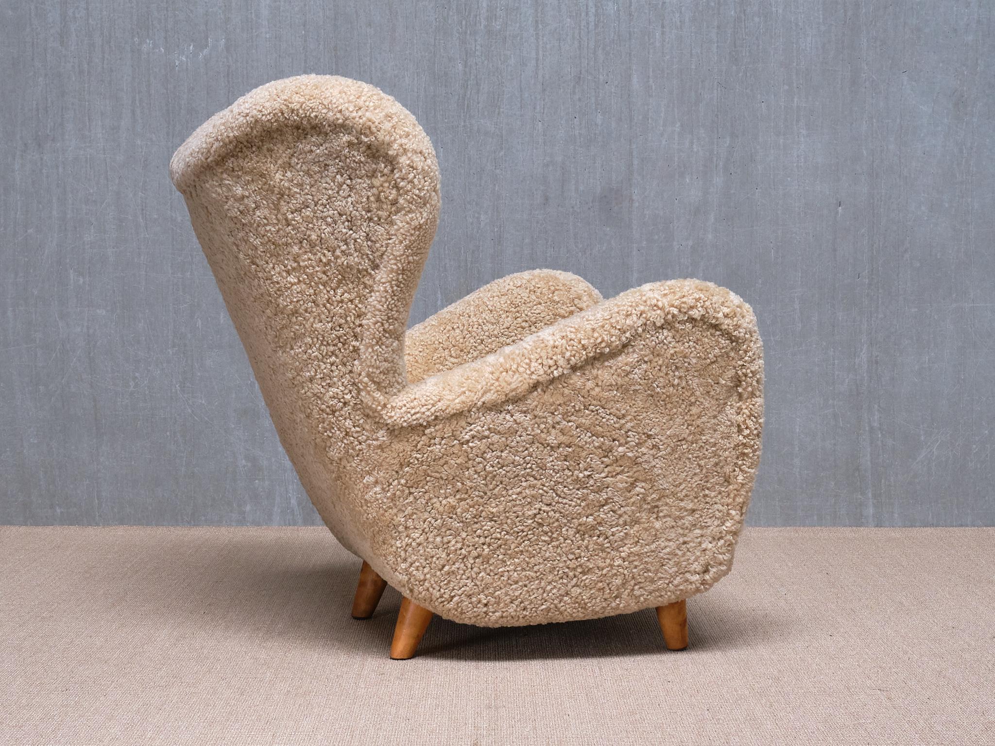 Otto Schulz Wingback Chair in Sheepskin and Birch, BOET, Sweden, 1946 For Sale 7