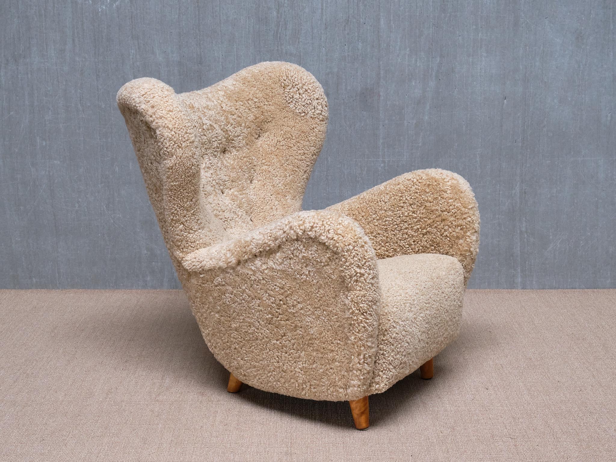 Otto Schulz Wingback Chair in Sheepskin and Birch, BOET, Sweden, 1946 For Sale 8