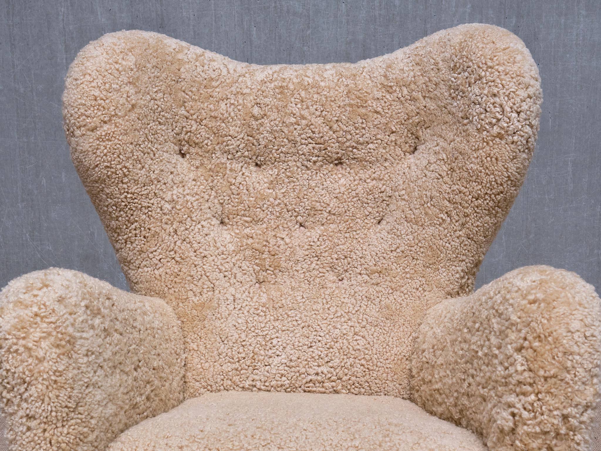 Otto Schulz Wingback Chair in Sheepskin and Birch, BOET, Sweden, 1946 For Sale 9