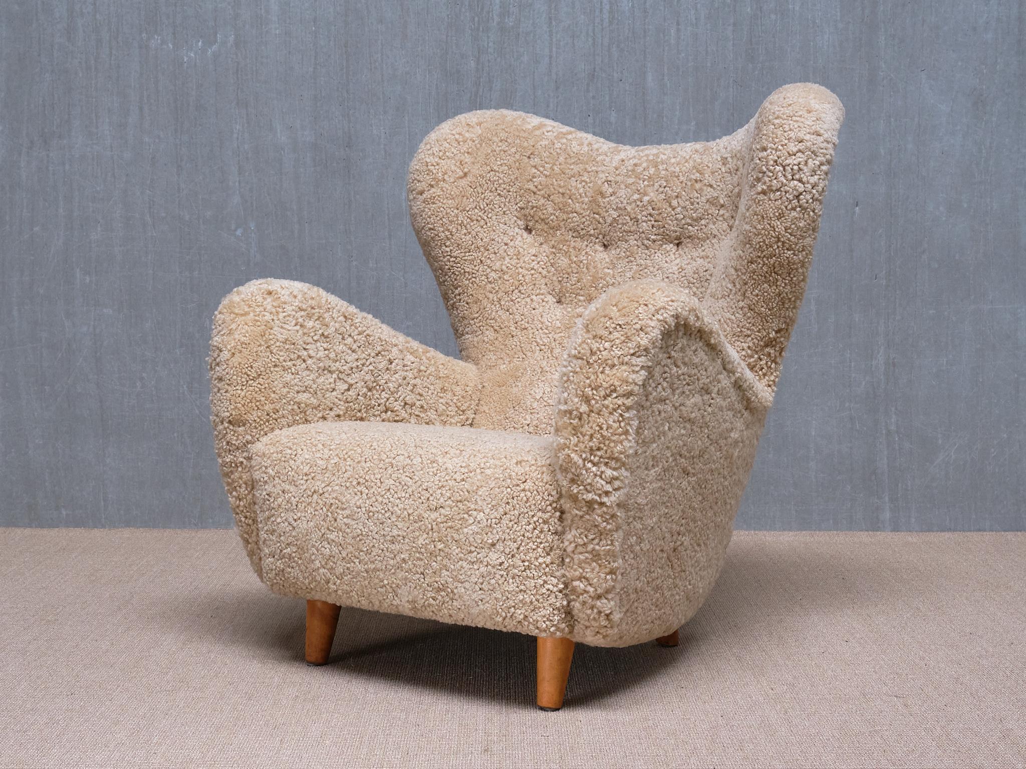 Otto Schulz Wingback Chair in Sheepskin and Birch, BOET, Sweden, 1946 For Sale 1