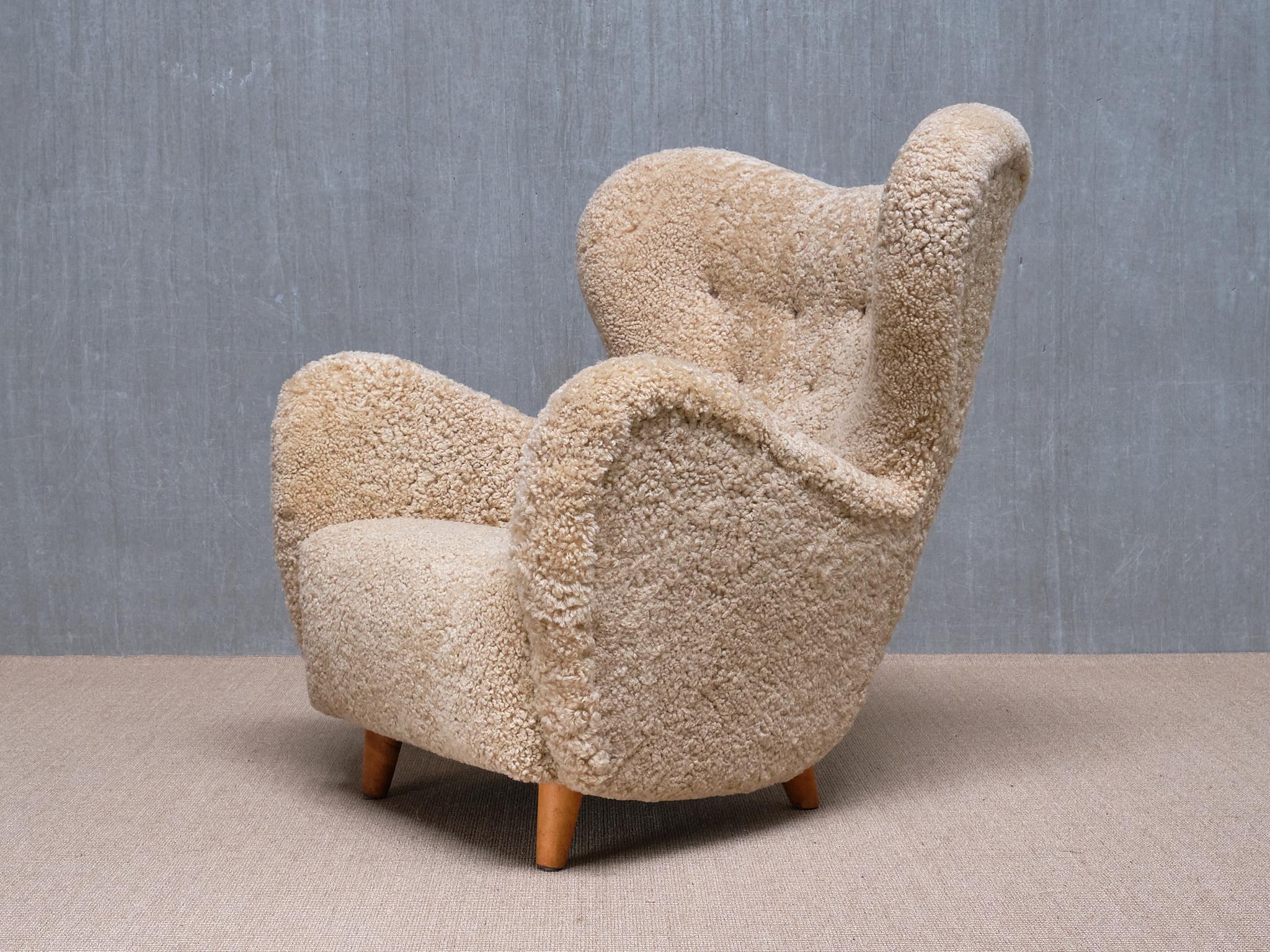Otto Schulz Wingback Chair in Sheepskin and Birch, BOET, Sweden, 1946 For Sale 2