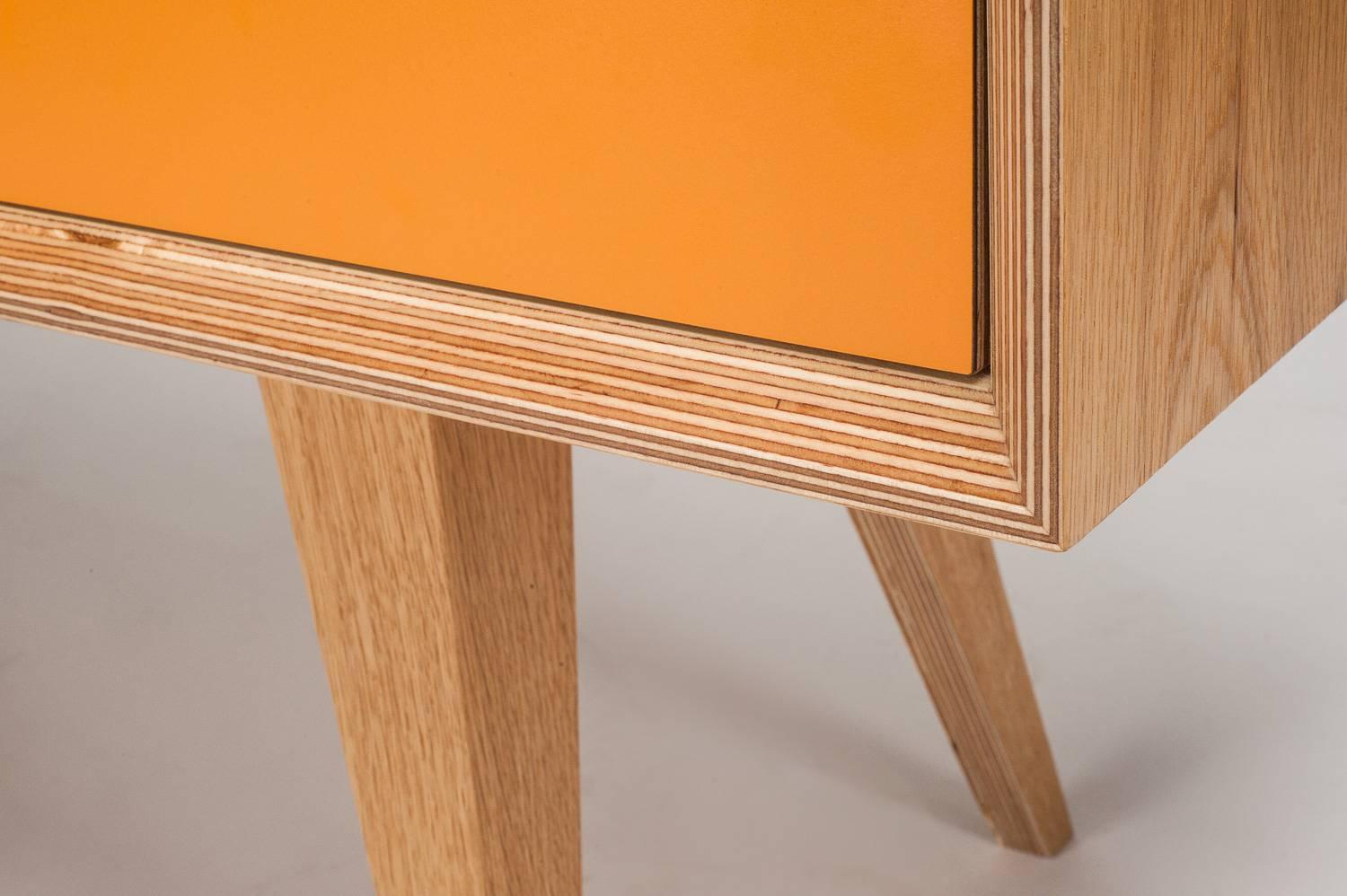 Mid-Century Modern Otto Sideboard, Hand Veneered Plywood in European Oak/Orange and Green For Sale