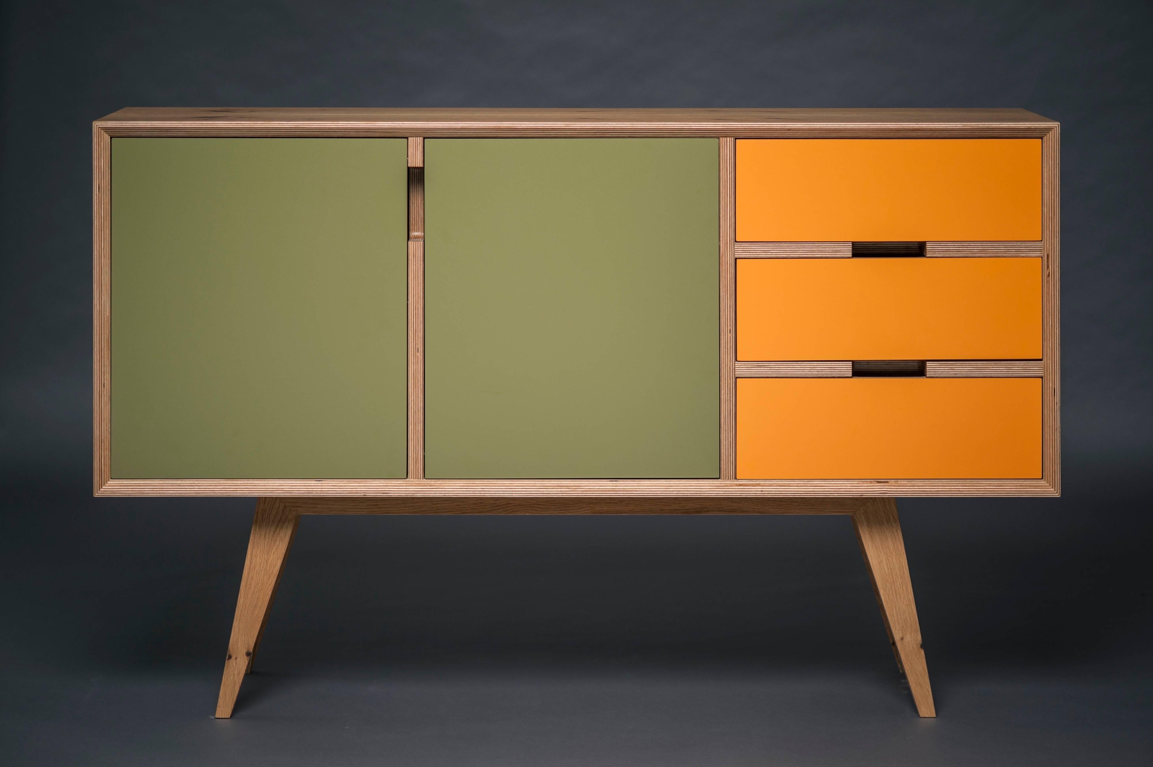 Hand-Crafted Otto Sideboard, Hand Veneered Plywood in European Oak/Orange and Green For Sale