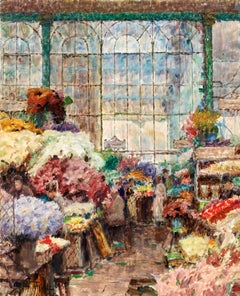 Flower Market - Berlin - Impressionist Interior Oil Painting by Otto Thiele