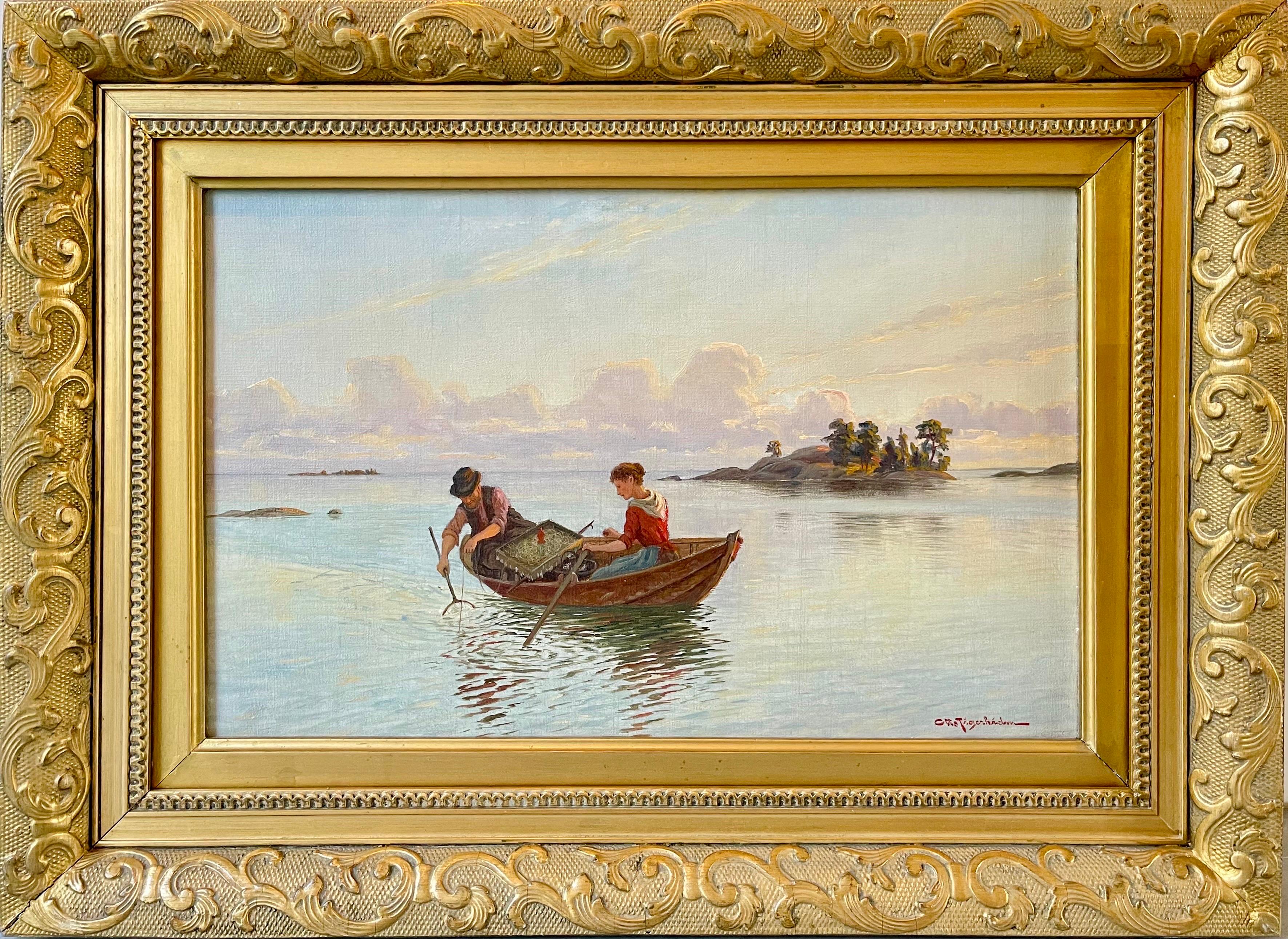 Otto Tigerhelm Landscape Painting - 19th century romantic oil painting - Fishing at sunset - Love