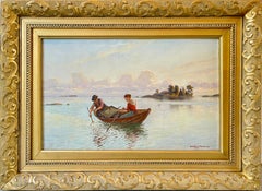 19th century romantic oil painting - Fishing at sunset - Love