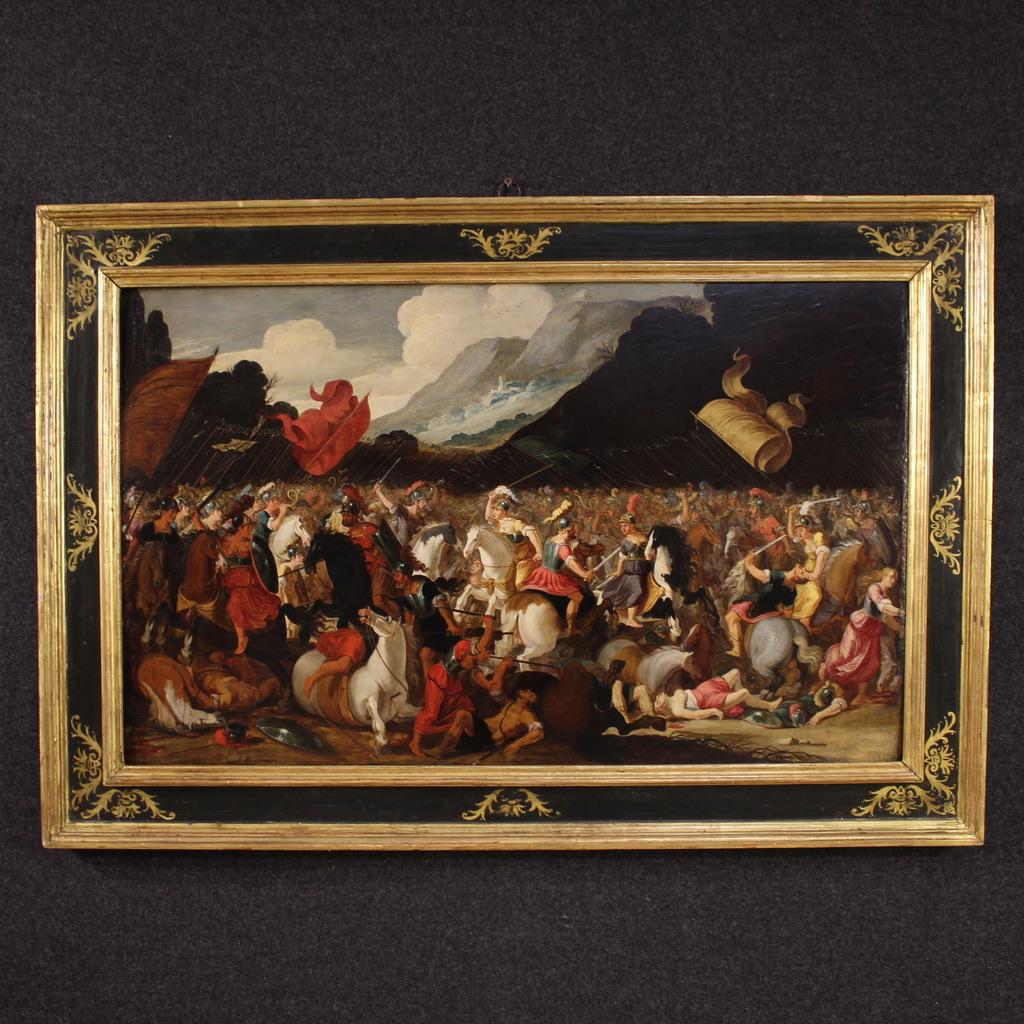 17th Century Oil on Panel Antique Painting Battle Knights and Amazons, 1610