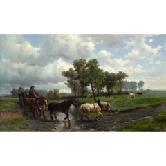 Otto Von Thoren, Pastoral Landscape With Farmer Crossing A Ford