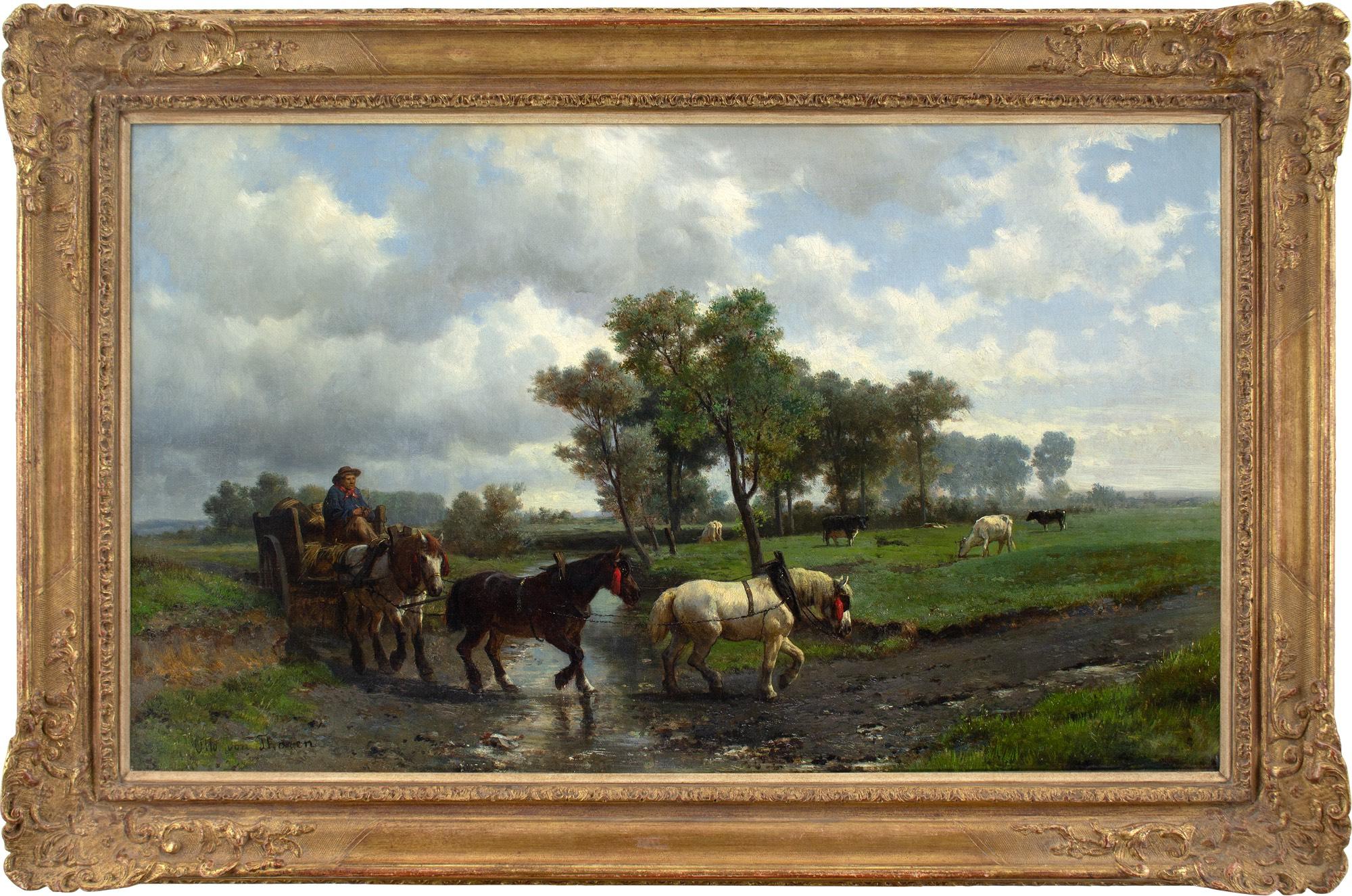 Este óleo de finales del siglo XIX del artista austriaco Otto Von Thoren (1828-1889) representa a tres caballos tirando de un carro a través de un vado poco profundo. Von Thoren fue un célebre pintor de paisajes y retratos que llegó a ser miembro