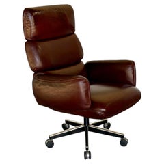 Otto Zapf for Knoll Mahogany Brown Leather Executive Swivel Desk Chair, 1970s
