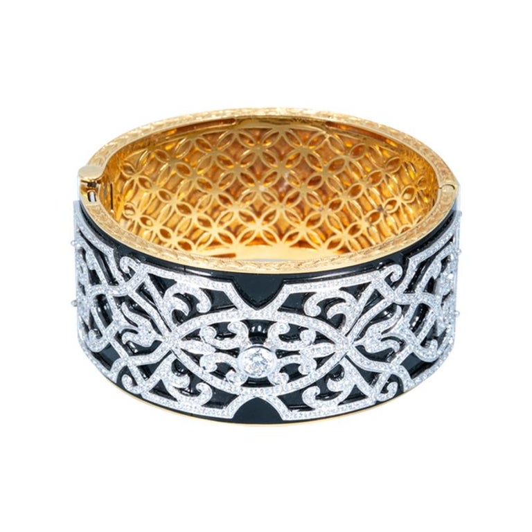 Ottoman Style Art Design, Diamond Round, Black Enameled, Yellow Gold Bracelet For Sale at 1stDibs