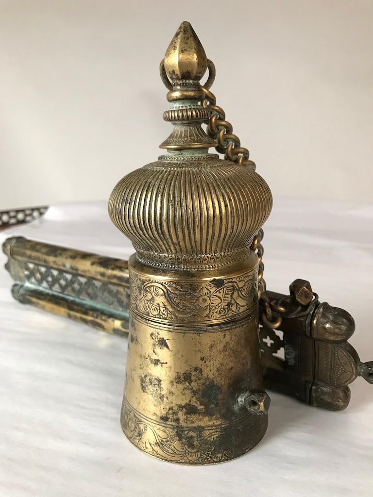 Etched Ottoman Brass Inkwell and Pen Case Qalamdan For Sale