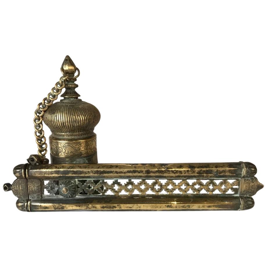 Ottoman Brass Inkwell and Pen Case Qalamdan For Sale