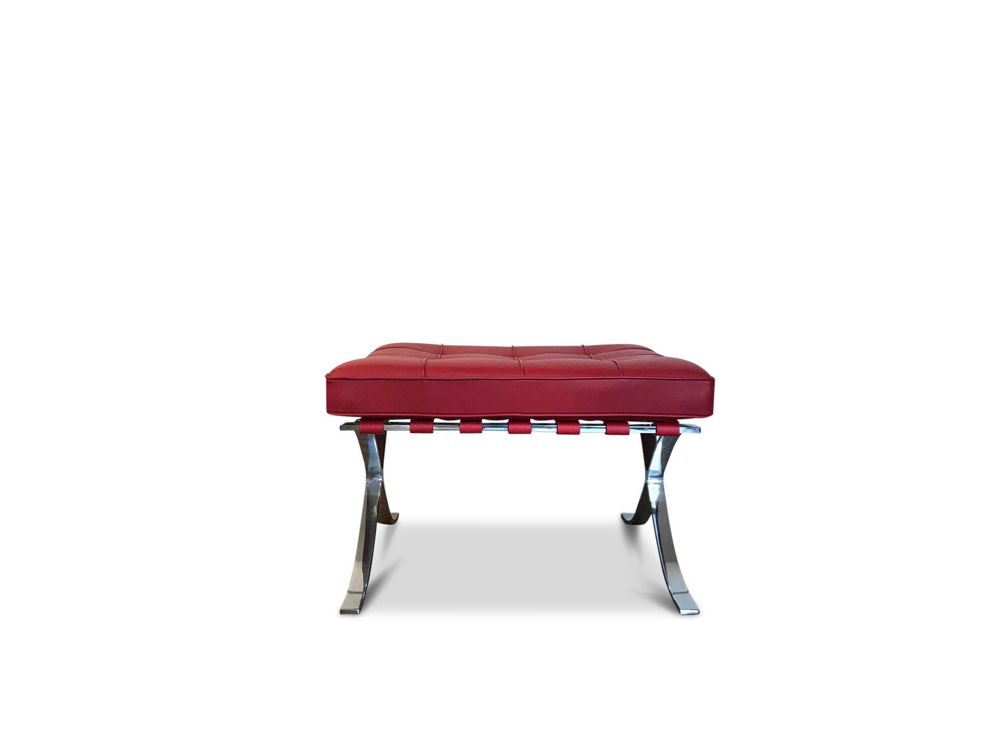 Barcelona ottoman by Knoll Studios in red leather.
Stamped 