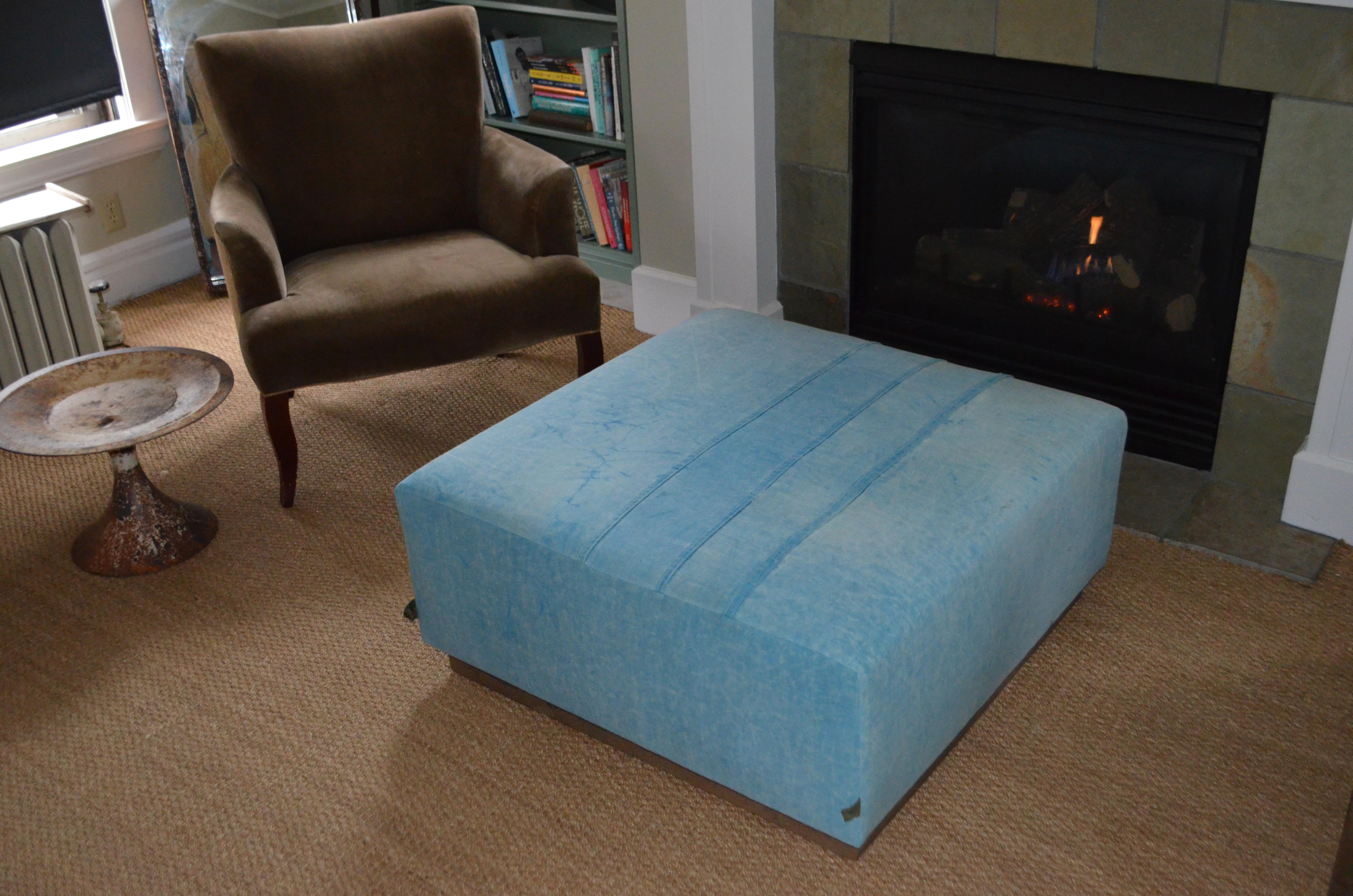 Ottoman Coffee Table Upholstered in 1960s Blue Tent Canvas Atop Barn Wood Base For Sale 4