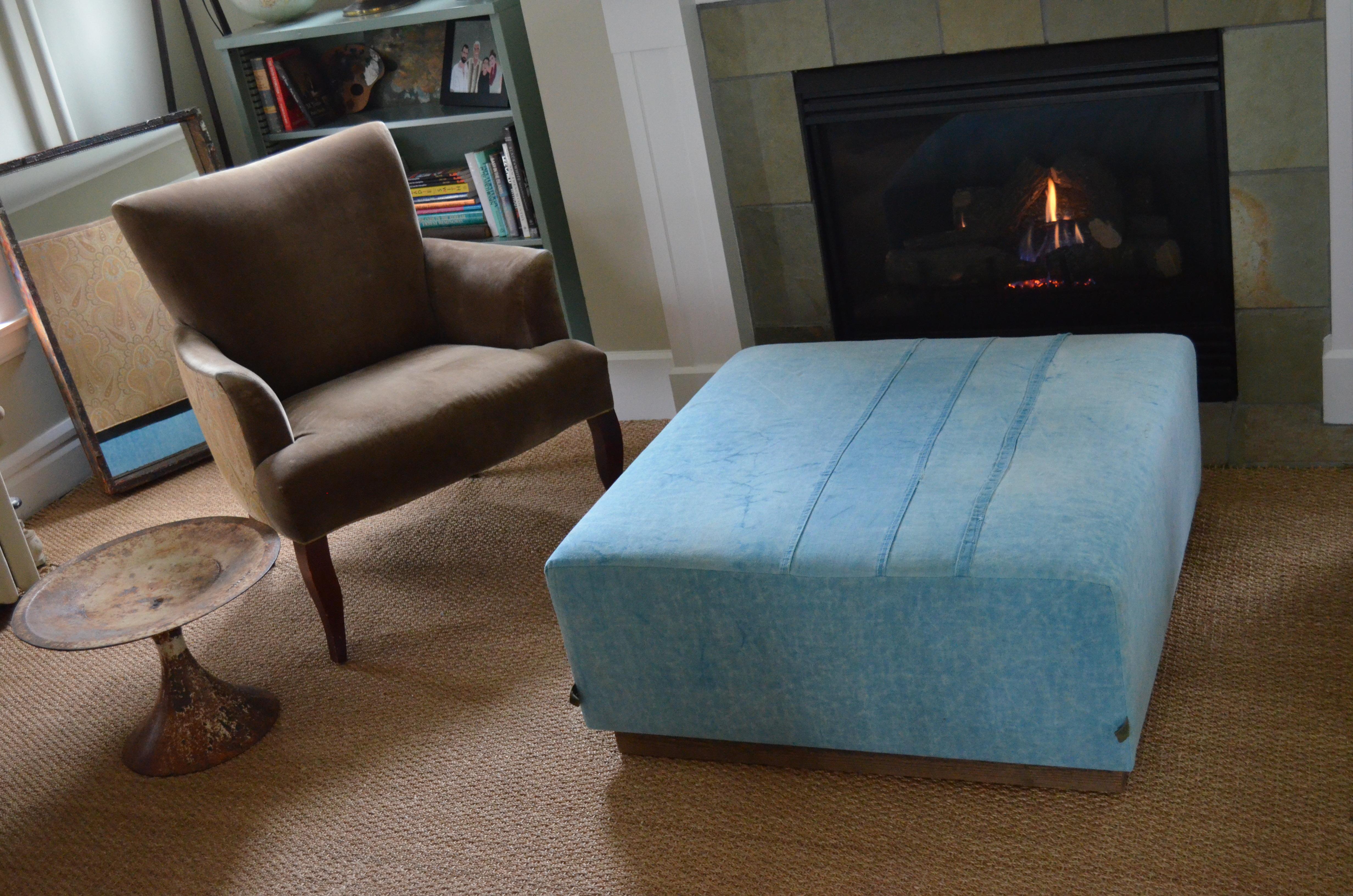 Ottoman Coffee Table Upholstered in 1960s Blue Tent Canvas Atop Barn Wood Base For Sale 5