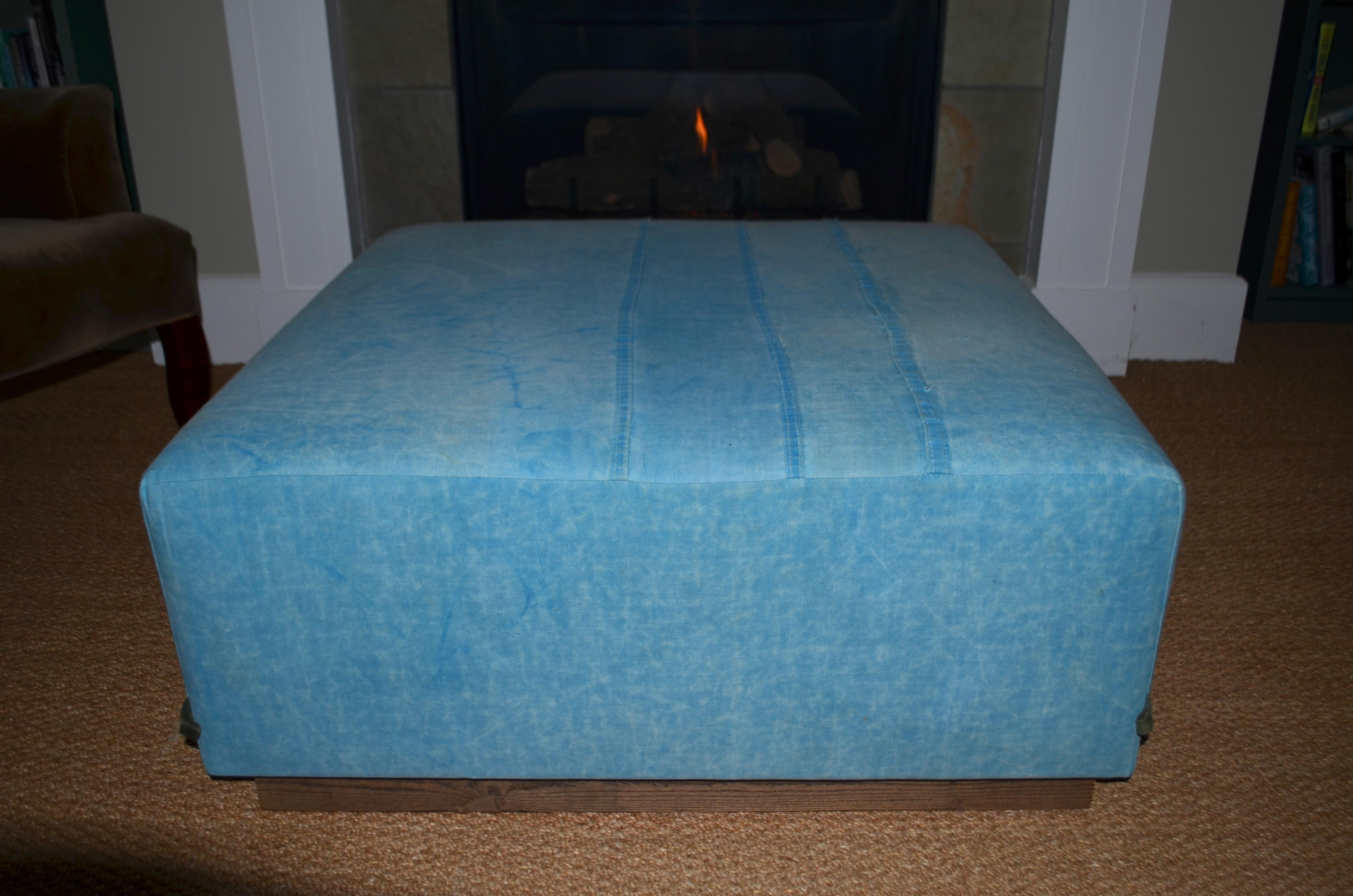 Ottoman Coffee Table Upholstered in 1960s Blue Tent Canvas Atop Barn Wood Base For Sale 6