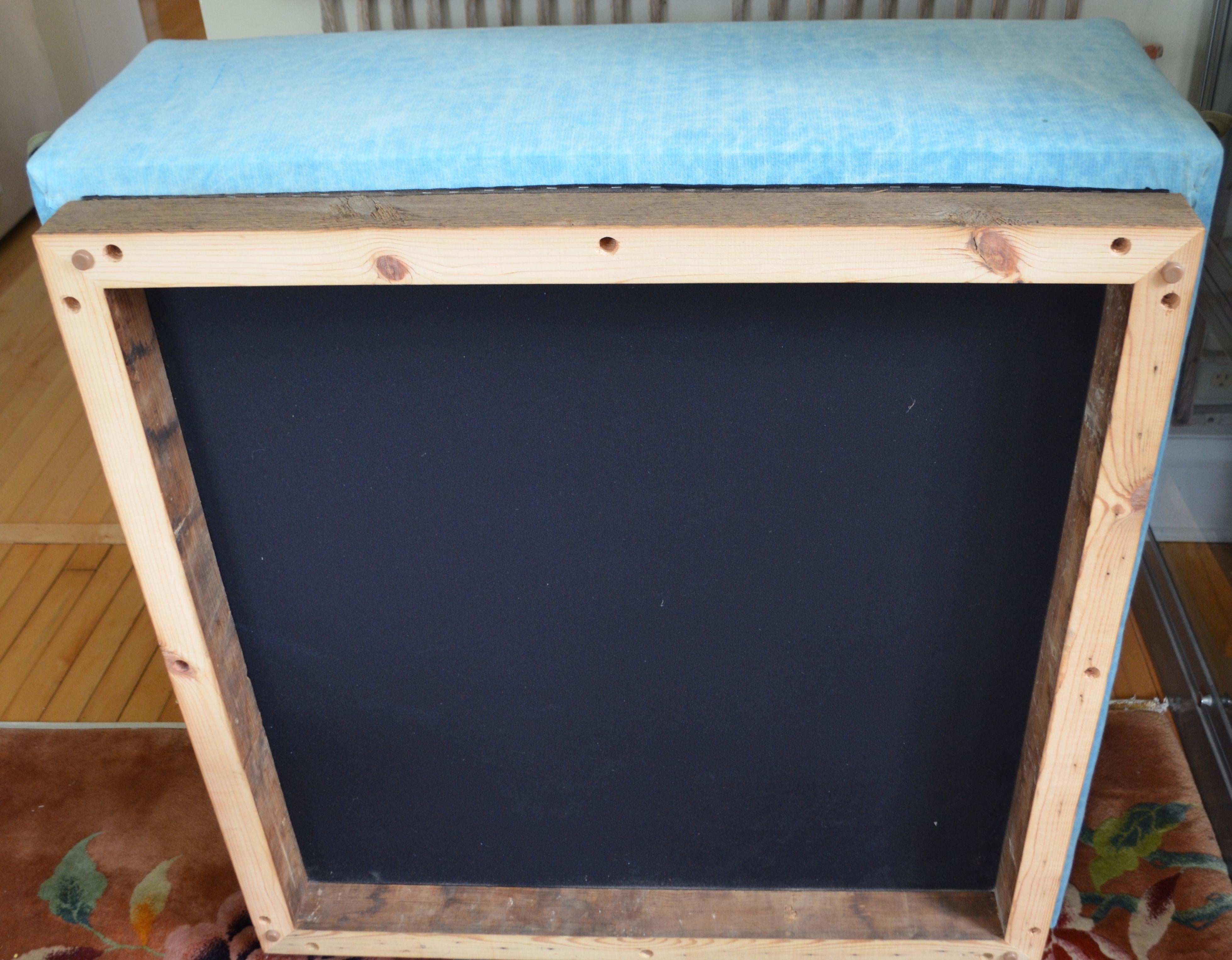 Ottoman Coffee Table Upholstered in 1960s Blue Tent Canvas Atop Barn Wood Base For Sale 7