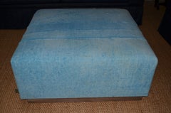 Ottoman Coffee Table Upholstered in 1960s Blue Tent Canvas Atop Barn Wood Base
