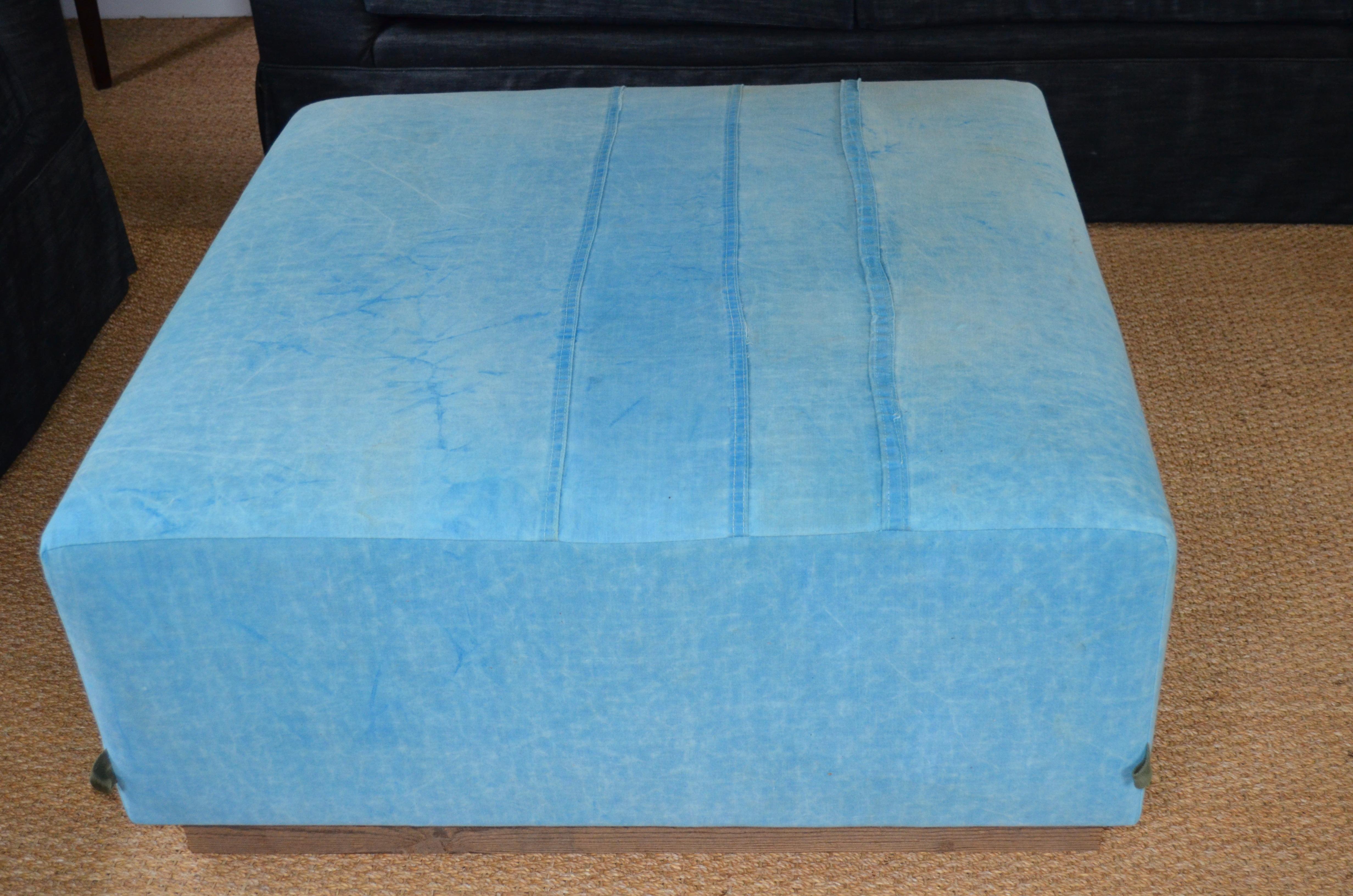 Other Ottoman Coffee Table Upholstered in 1960s Blue Tent Canvas Atop Barn Wood Base For Sale