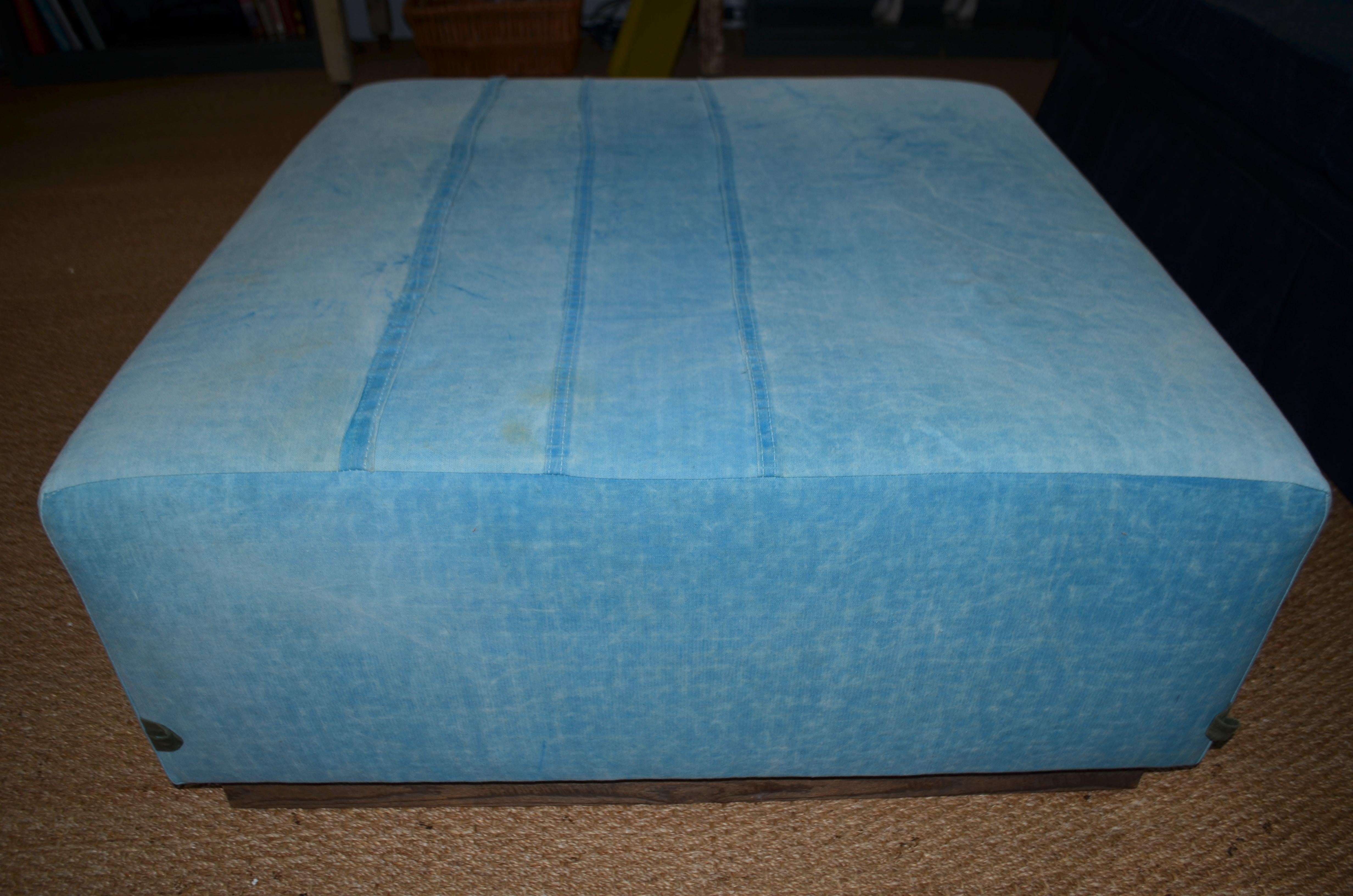 Ottoman Coffee Table Upholstered in 1960s Blue Tent Canvas Atop Barn Wood Base For Sale 1