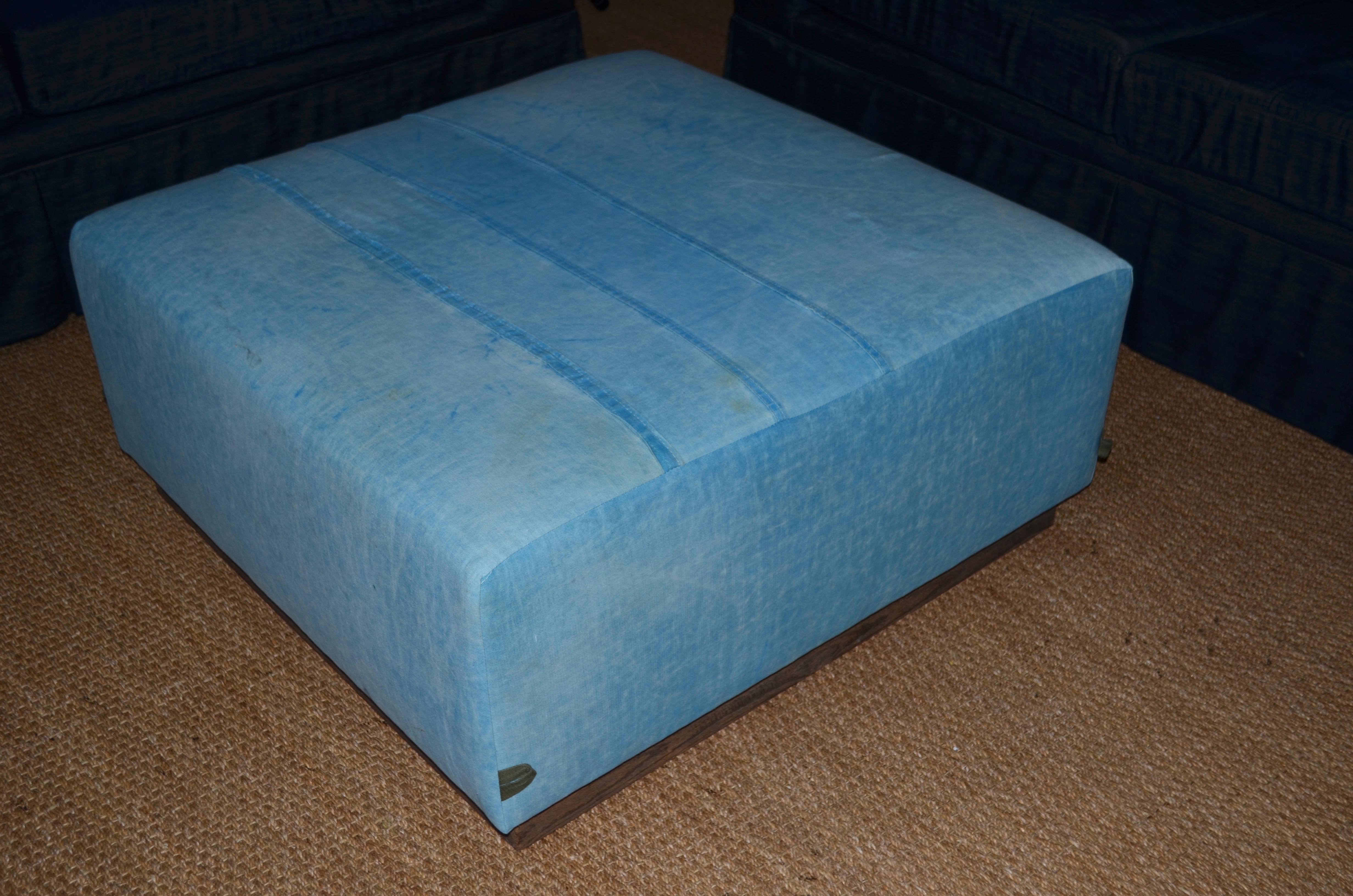 Ottoman Coffee Table Upholstered in 1960s Blue Tent Canvas Atop Barn Wood Base For Sale 2