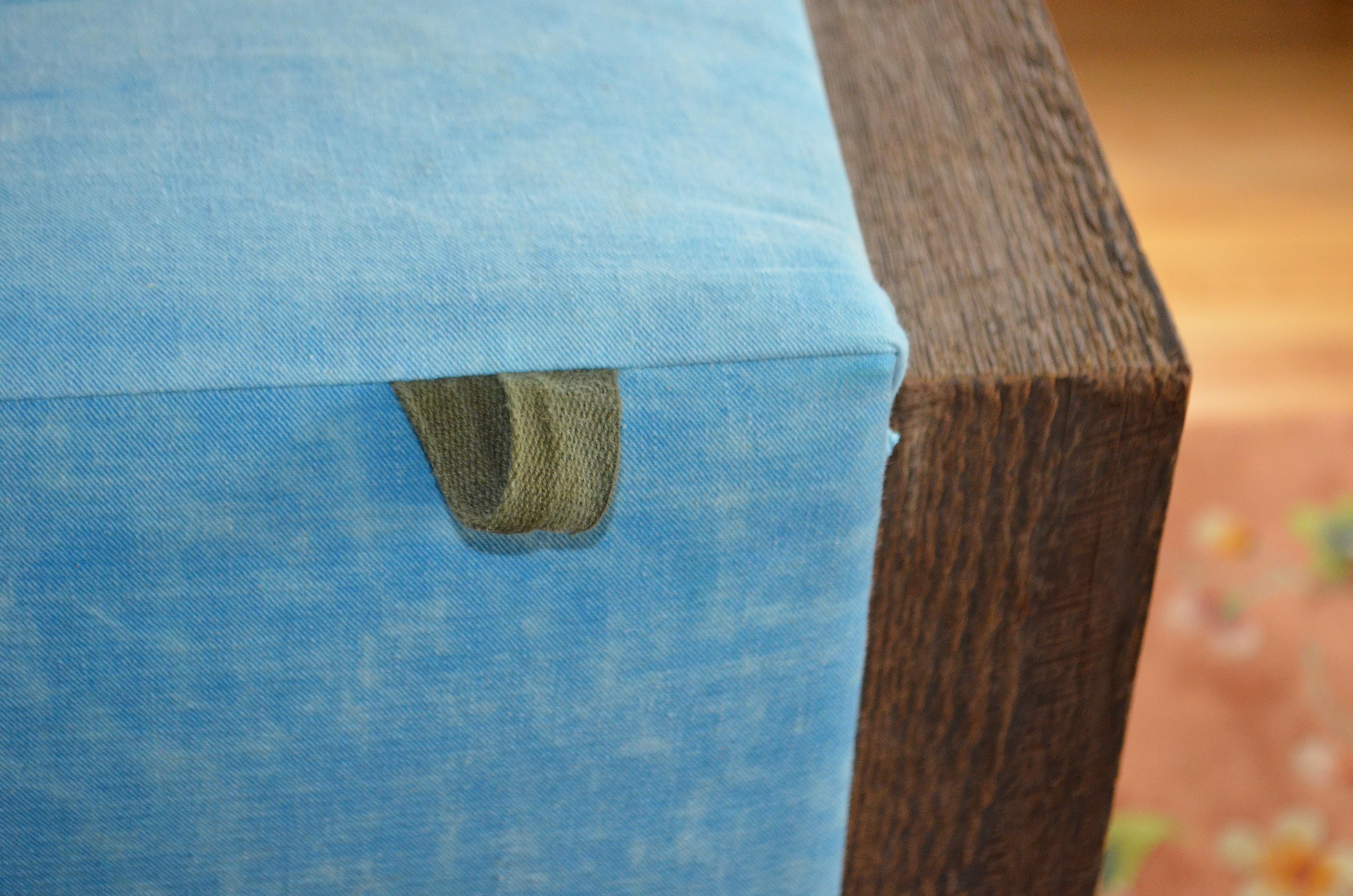 Ottoman Coffee Table Upholstered in 1960s Blue Tent Canvas Atop Barn Wood Base For Sale 3