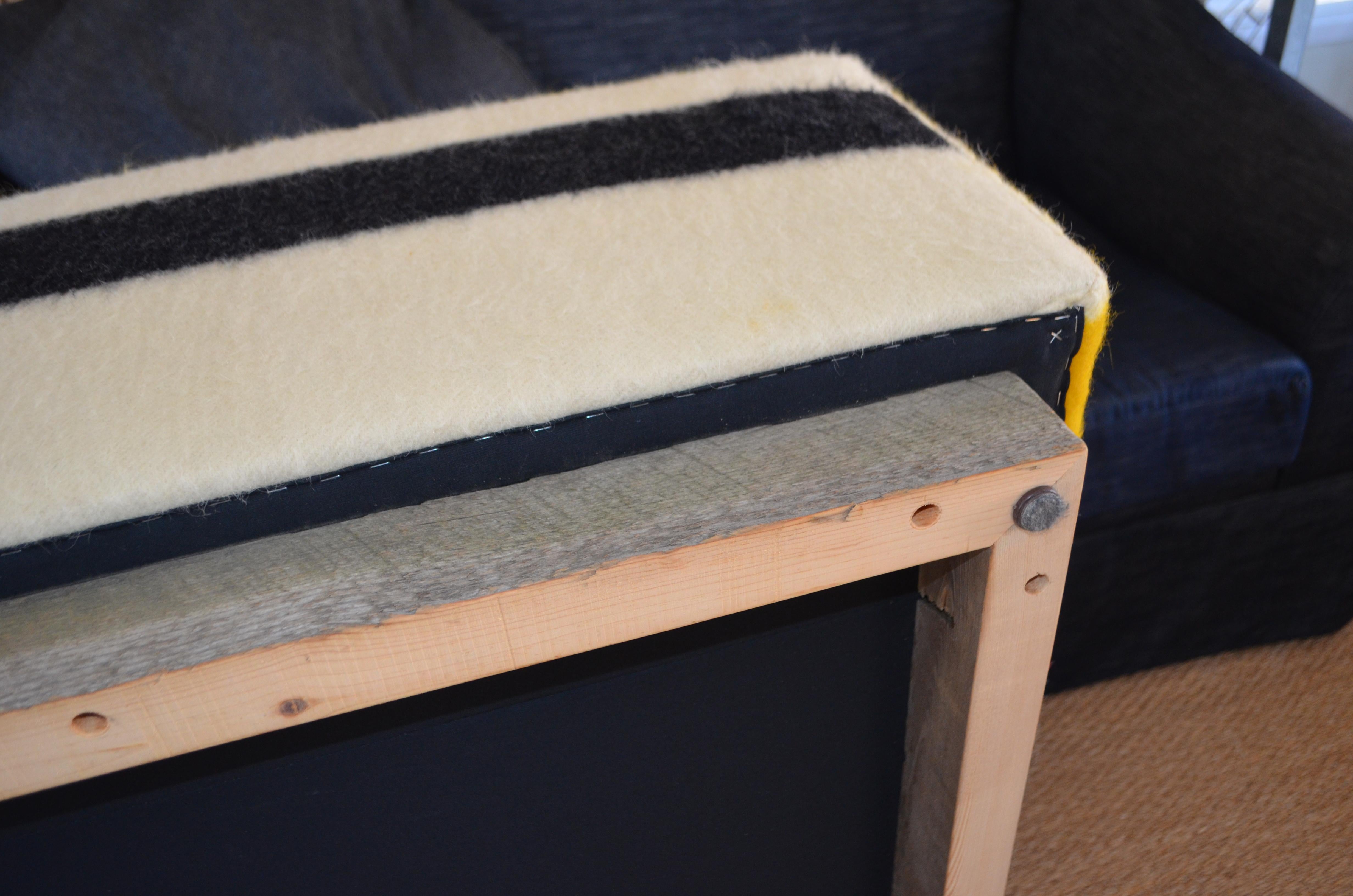 Ottoman Coffee Table Upholstered in Hudson Bay Blanket on Barn Board Frame  10