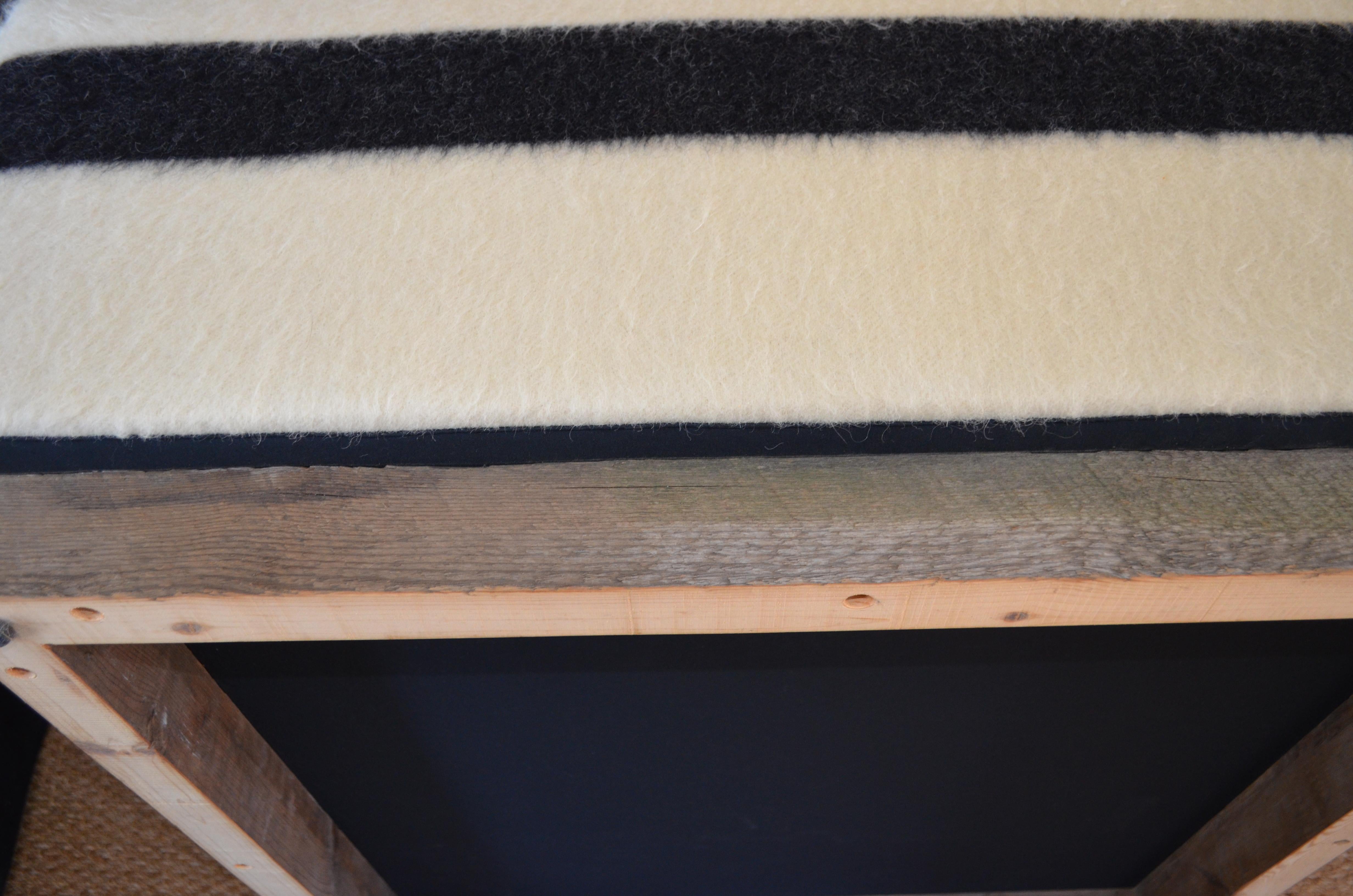 Ottoman Coffee Table Upholstered in Hudson Bay Blanket on Barn Board Frame  11