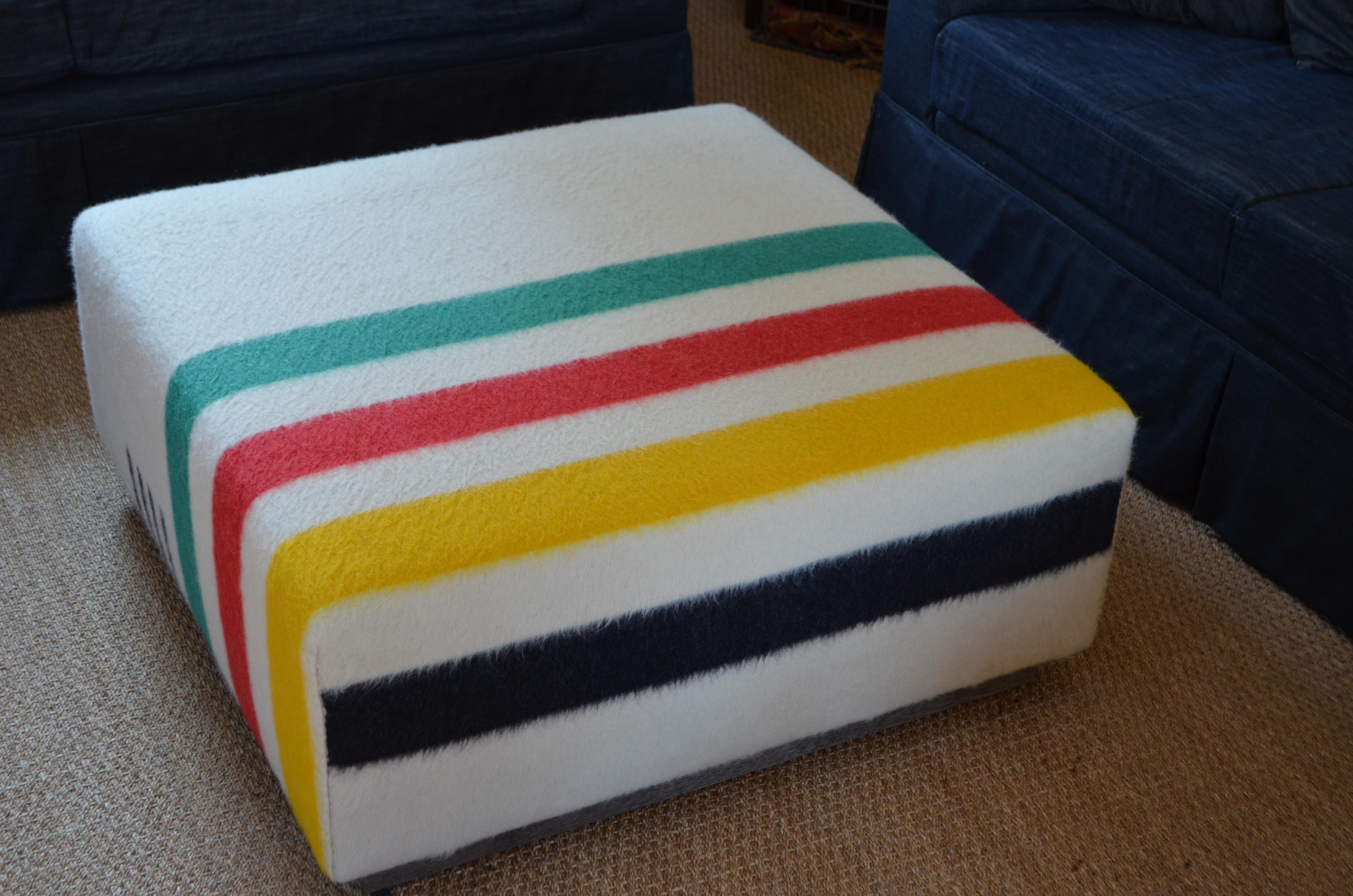 Ottoman Coffee Table Upholstered in Hudson Bay Blanket on Barn Board Frame  In Good Condition In Madison, WI