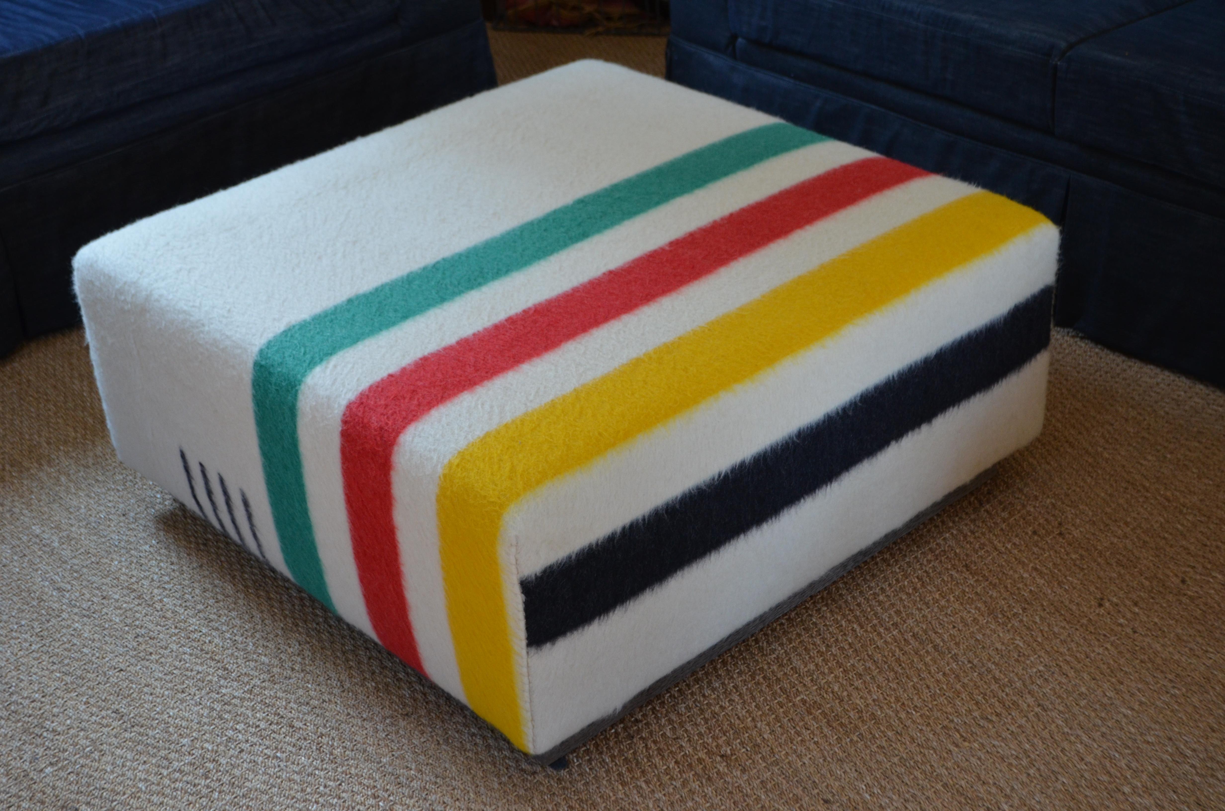 20th Century Ottoman Coffee Table Upholstered in Hudson Bay Blanket on Barn Board Frame 