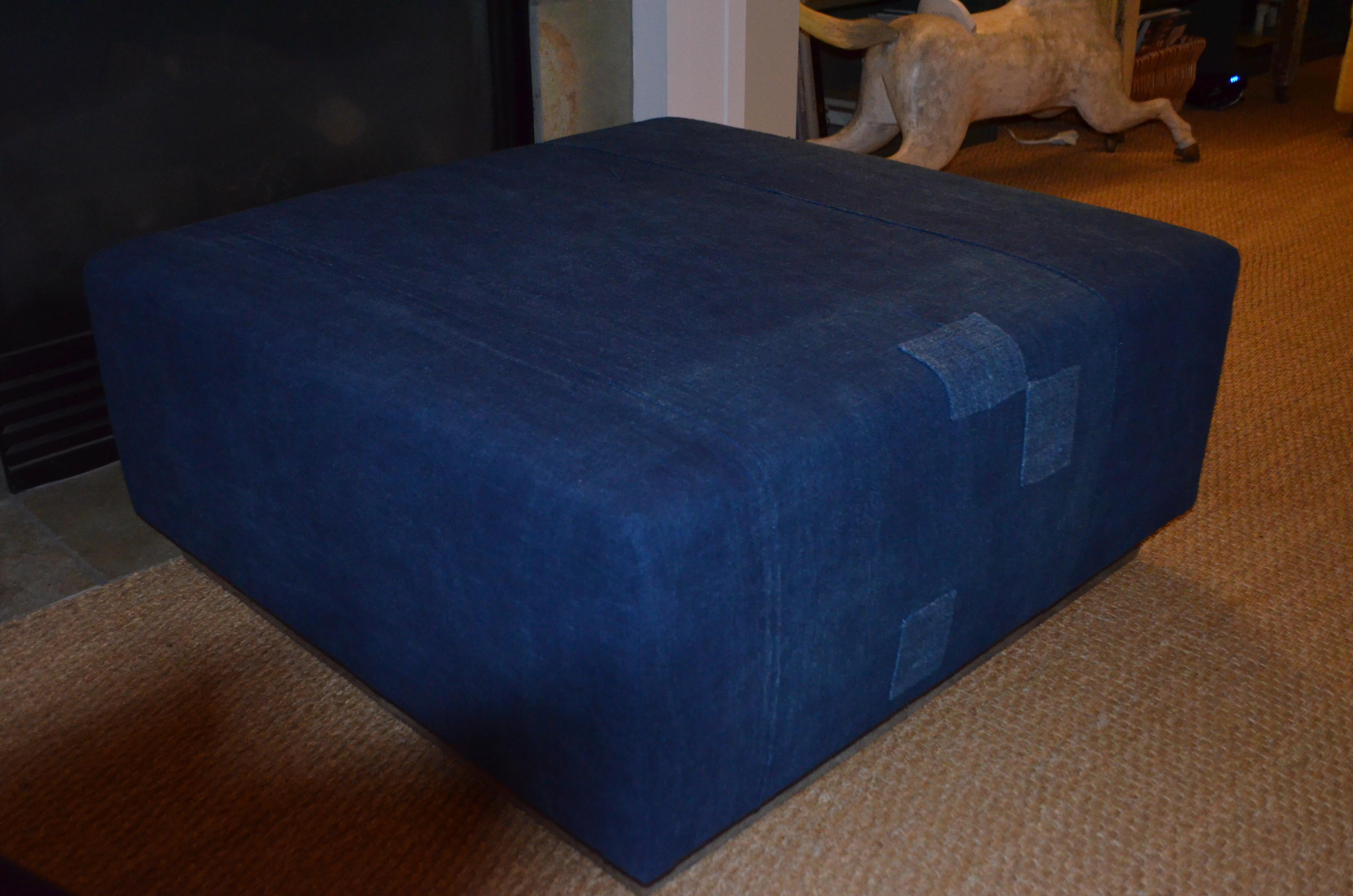 Ottoman Coffee Table Upholstered in Linen Dyed Indigo, France, circa 1860 In Good Condition For Sale In Madison, WI