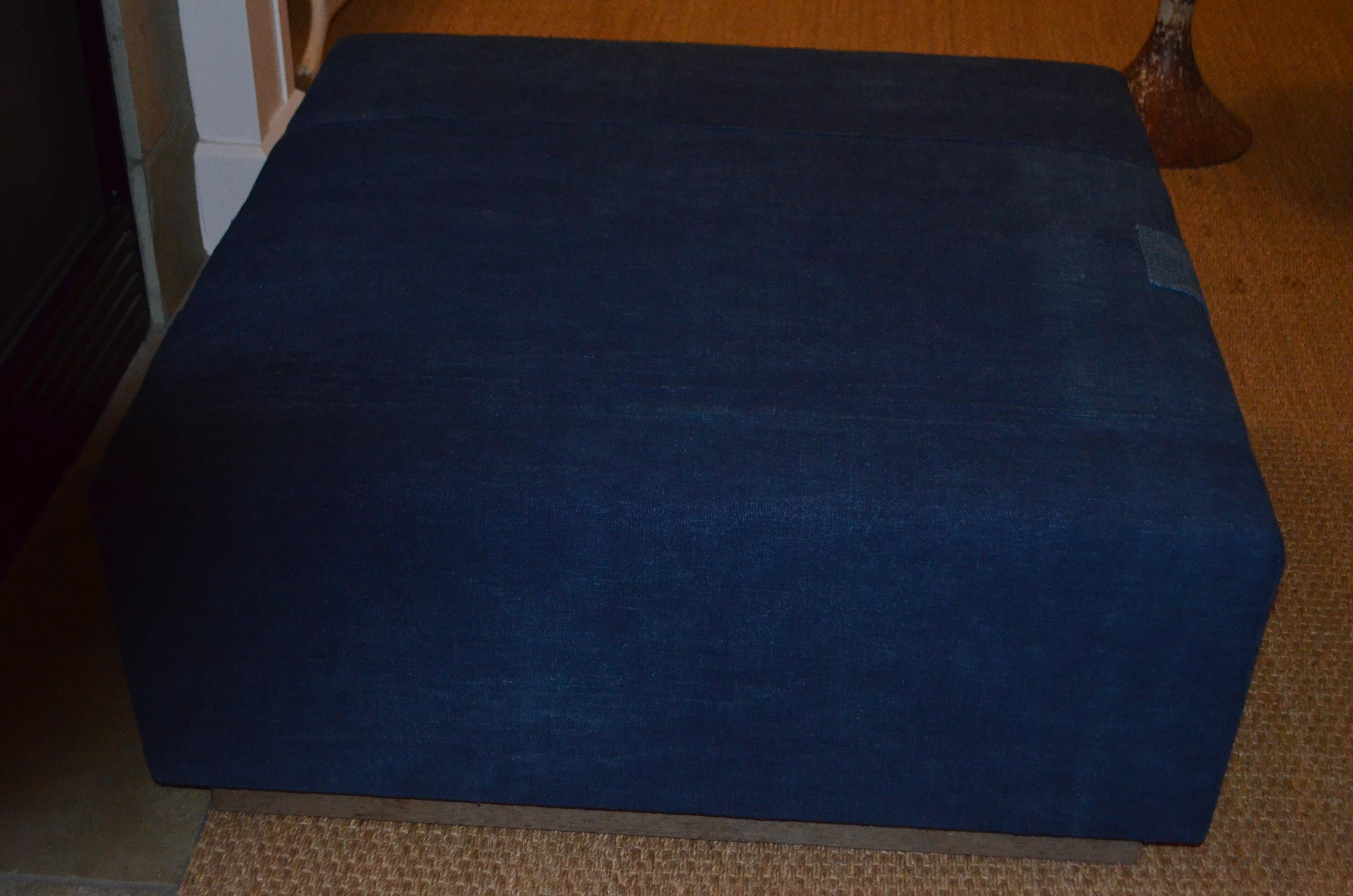 Mid-19th Century Ottoman Coffee Table Upholstered in Linen Dyed Indigo, France, circa 1860 For Sale