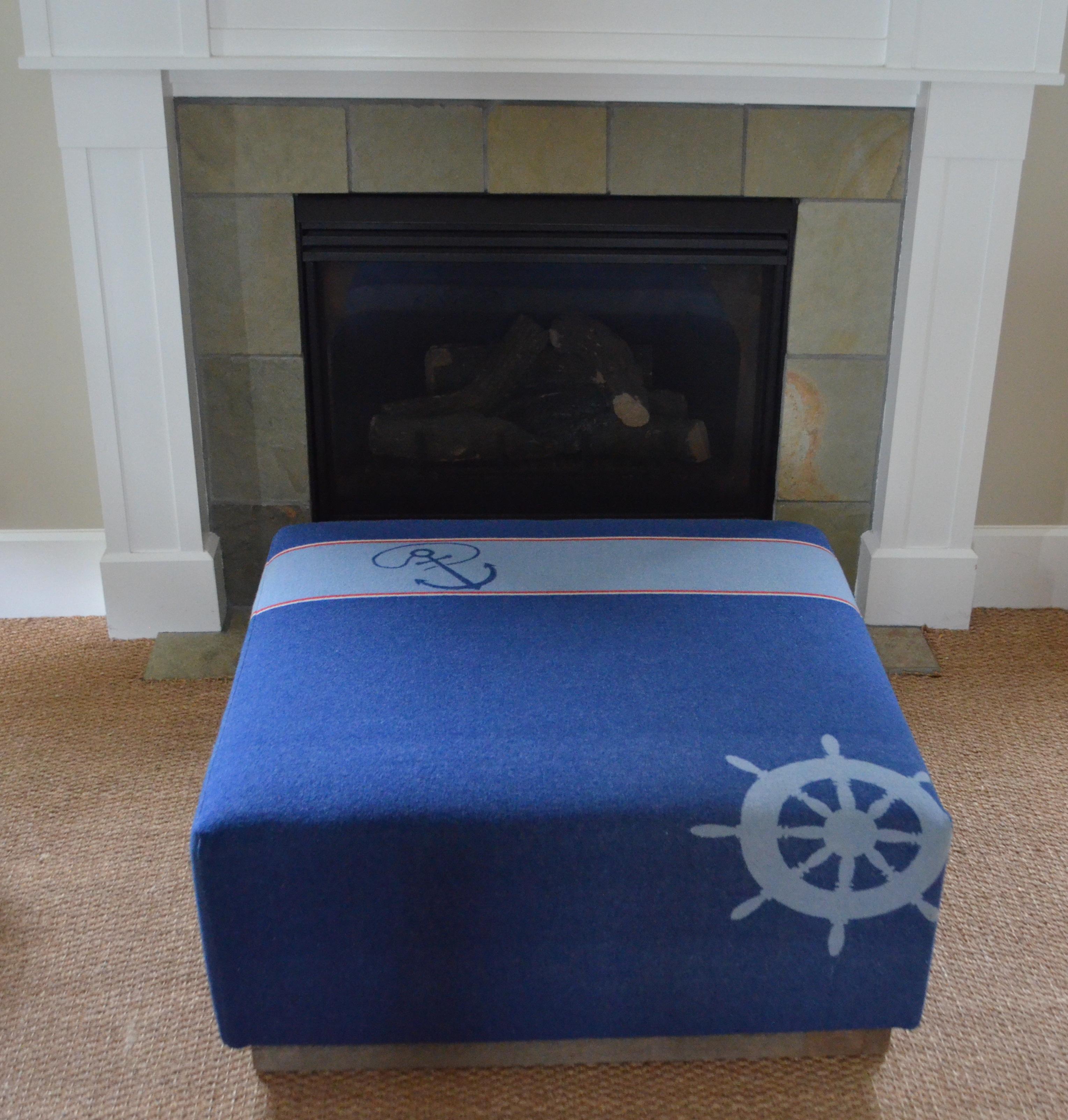 Ottoman Coffee Table Upholstered in Nautical Flannel Blanket on Barn Wood Base For Sale 8