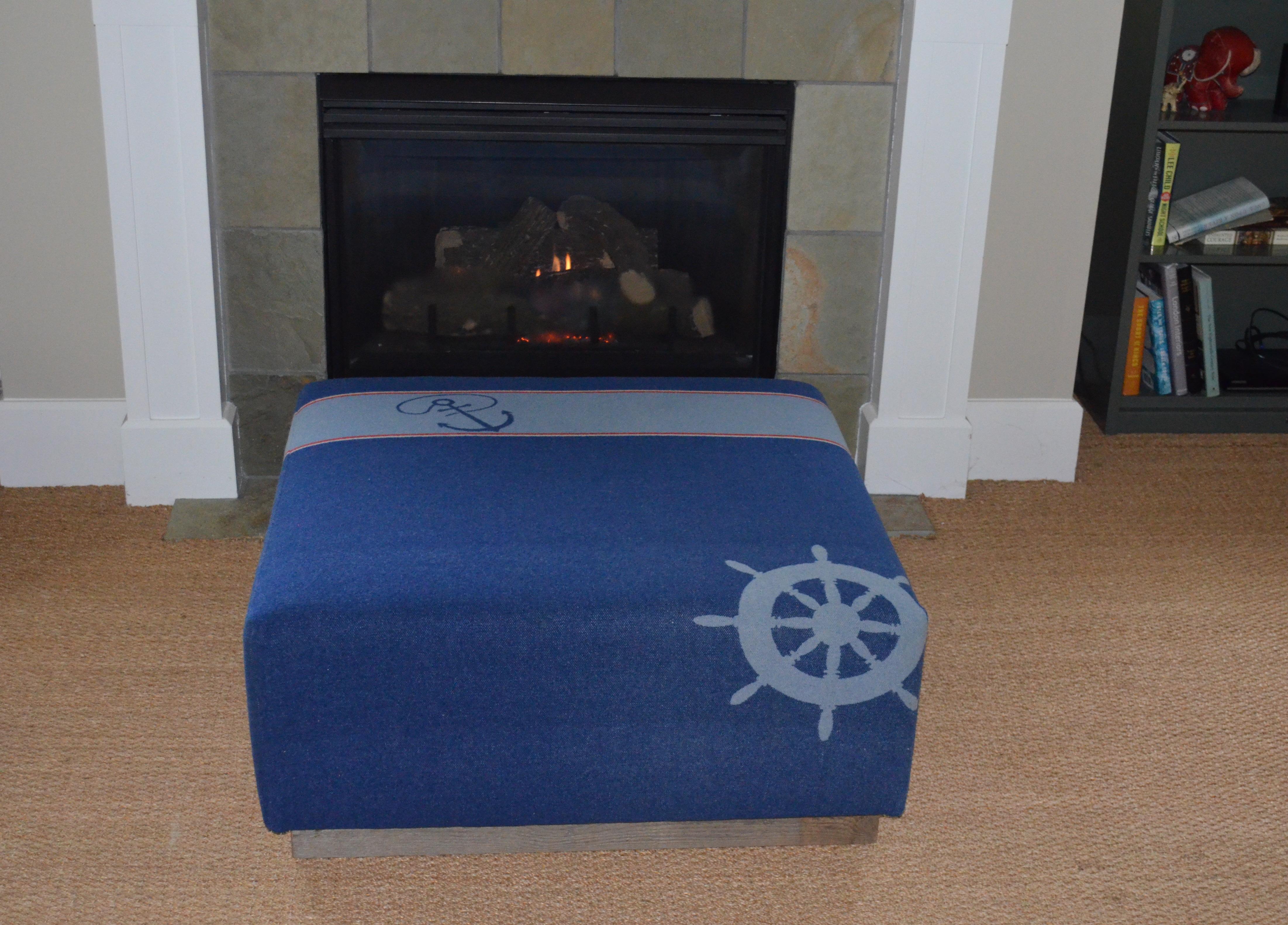 Ottoman Coffee Table Upholstered in Nautical Flannel Blanket on Barn Wood Base For Sale 9
