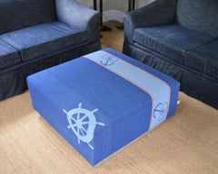 Ottoman Coffee Table Upholstered in Nautical Flannel Blanket on Barn Wood Base