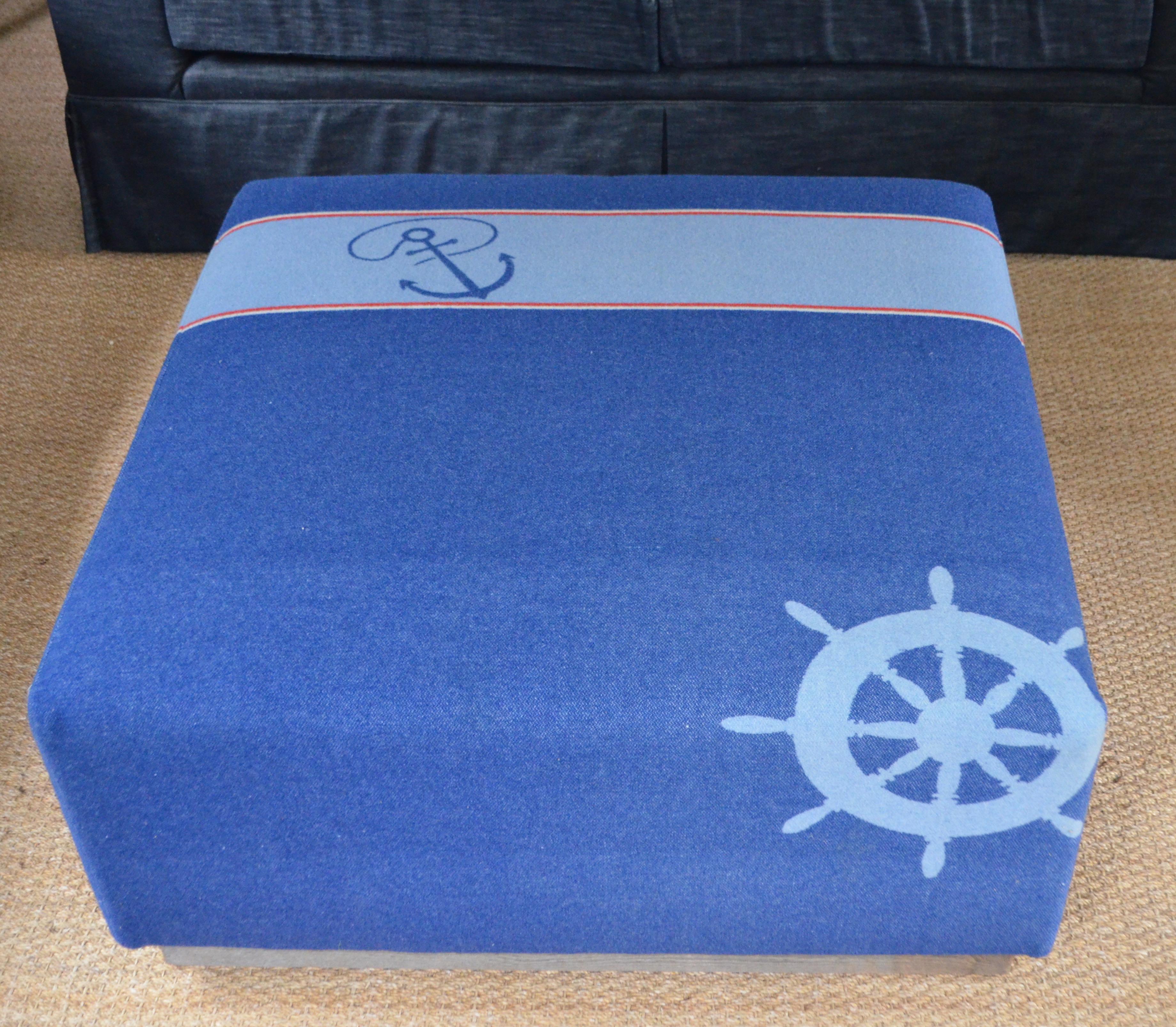 Modern Ottoman Coffee Table Upholstered in Nautical Flannel Blanket on Barn Wood Base For Sale