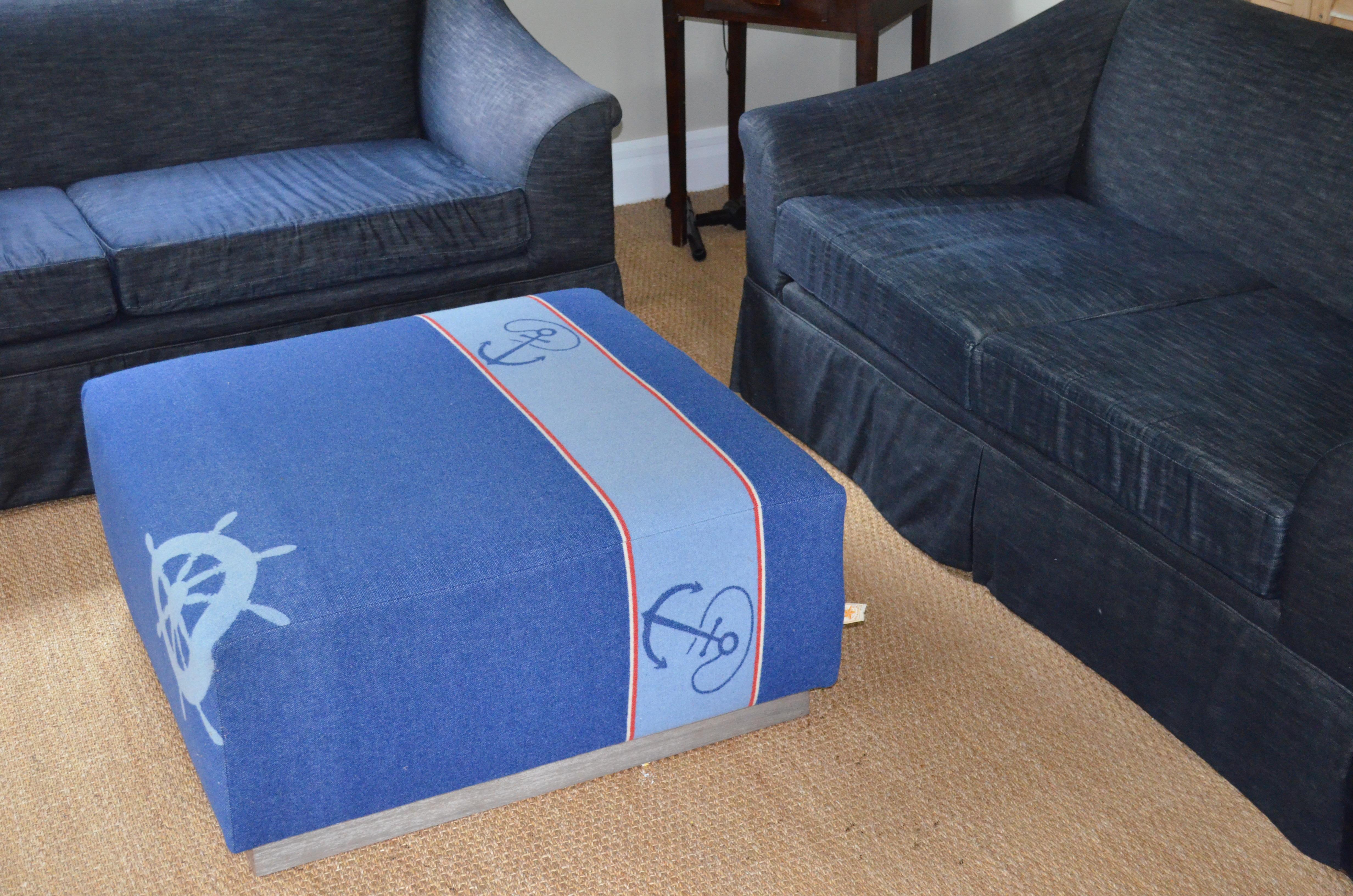 Ottoman Coffee Table Upholstered in Nautical Flannel Blanket on Barn Wood Base In Good Condition For Sale In Madison, WI
