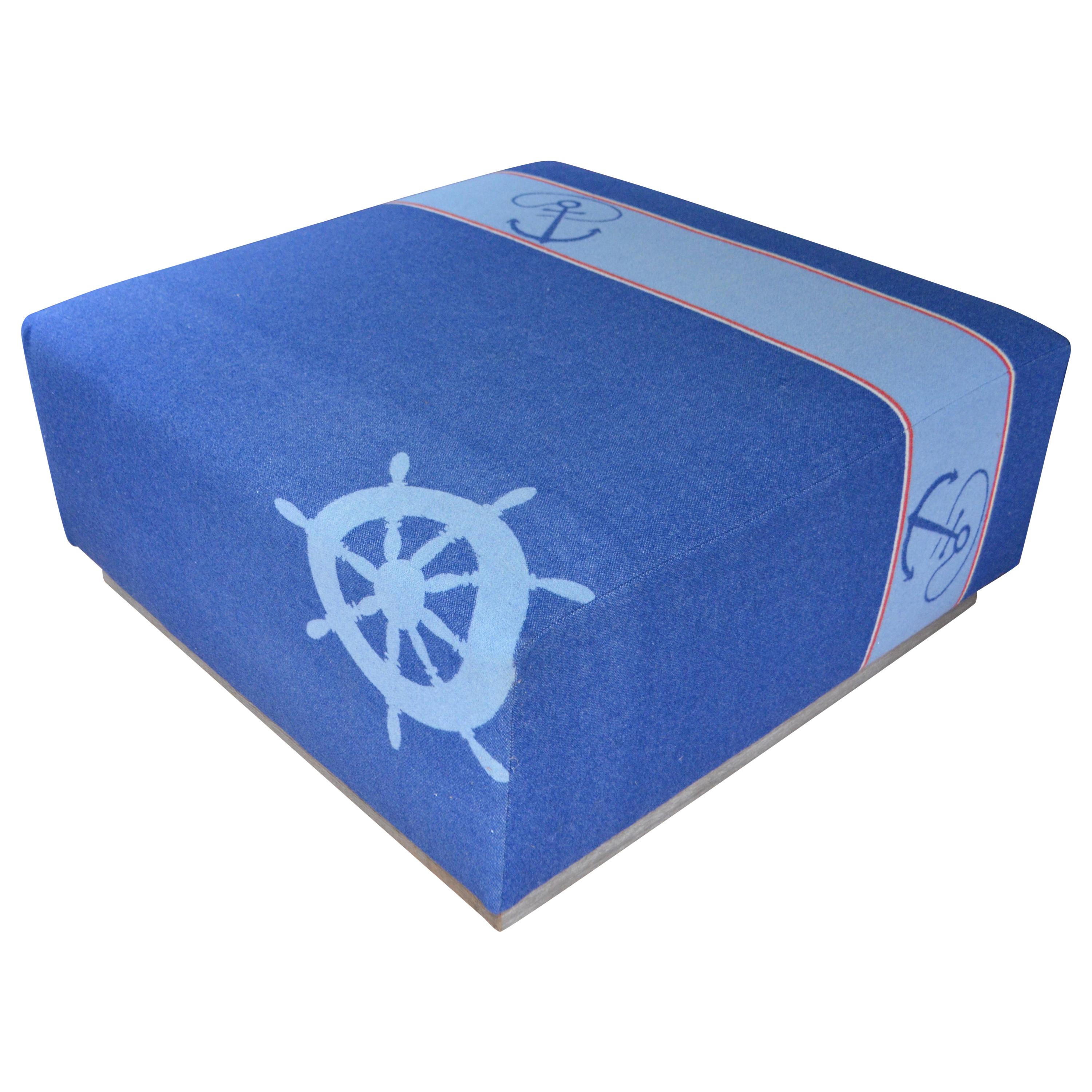 Ottoman Coffee Table Upholstered in Nautical Flannel Blanket on Barn Wood Base For Sale