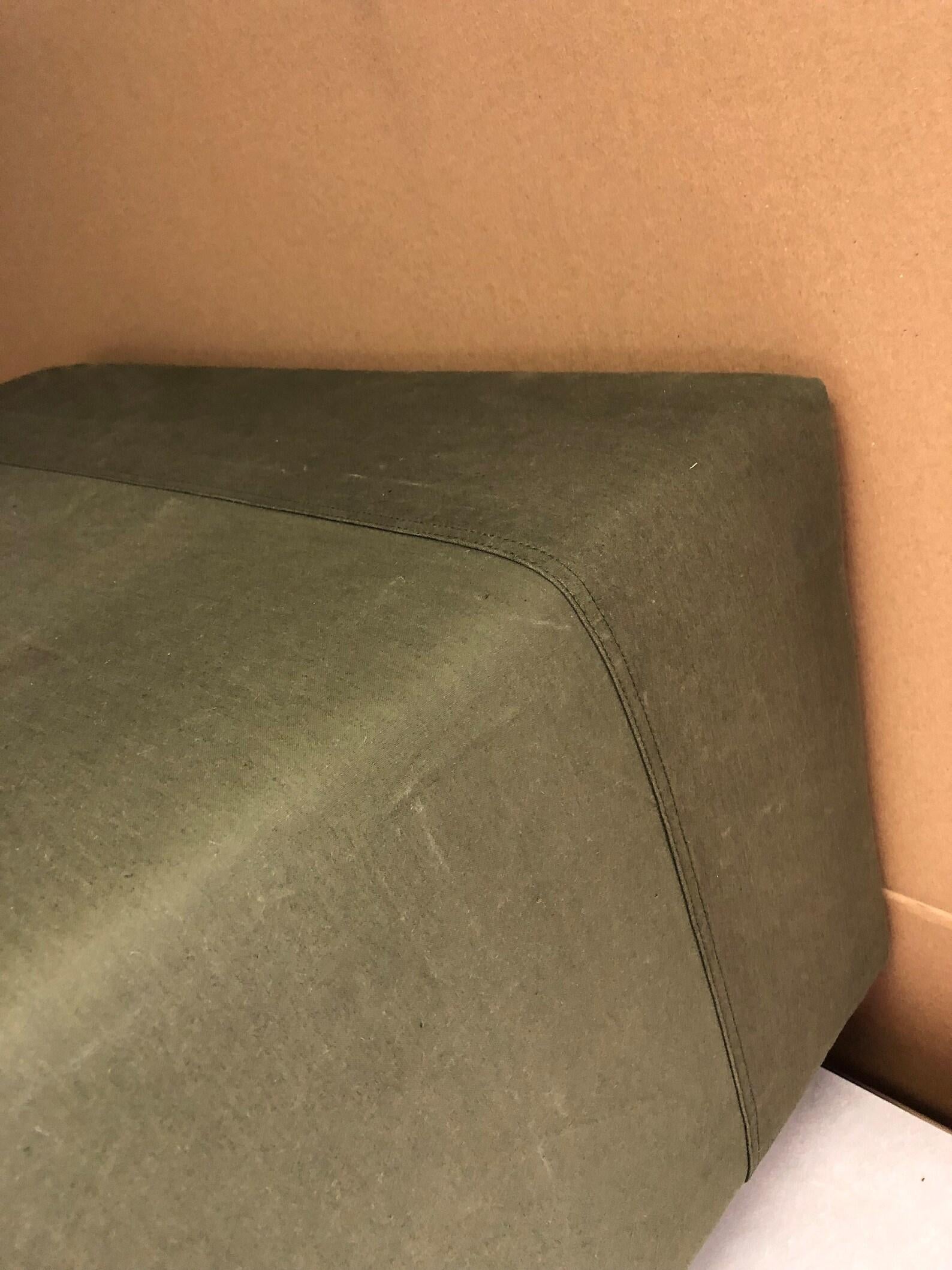 Ottoman Coffee Table Upholstered in Vintage Military Pup Tent Canvas on Barnwood In Good Condition For Sale In Madison, WI