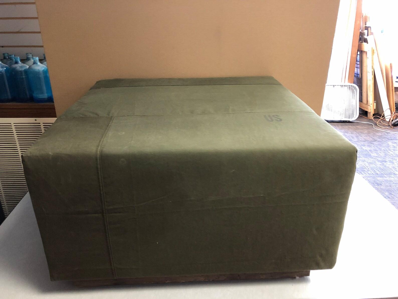 Ottoman Coffee Table Upholstered in Vintage Military Pup Tent Canvas on Barnwood For Sale 1